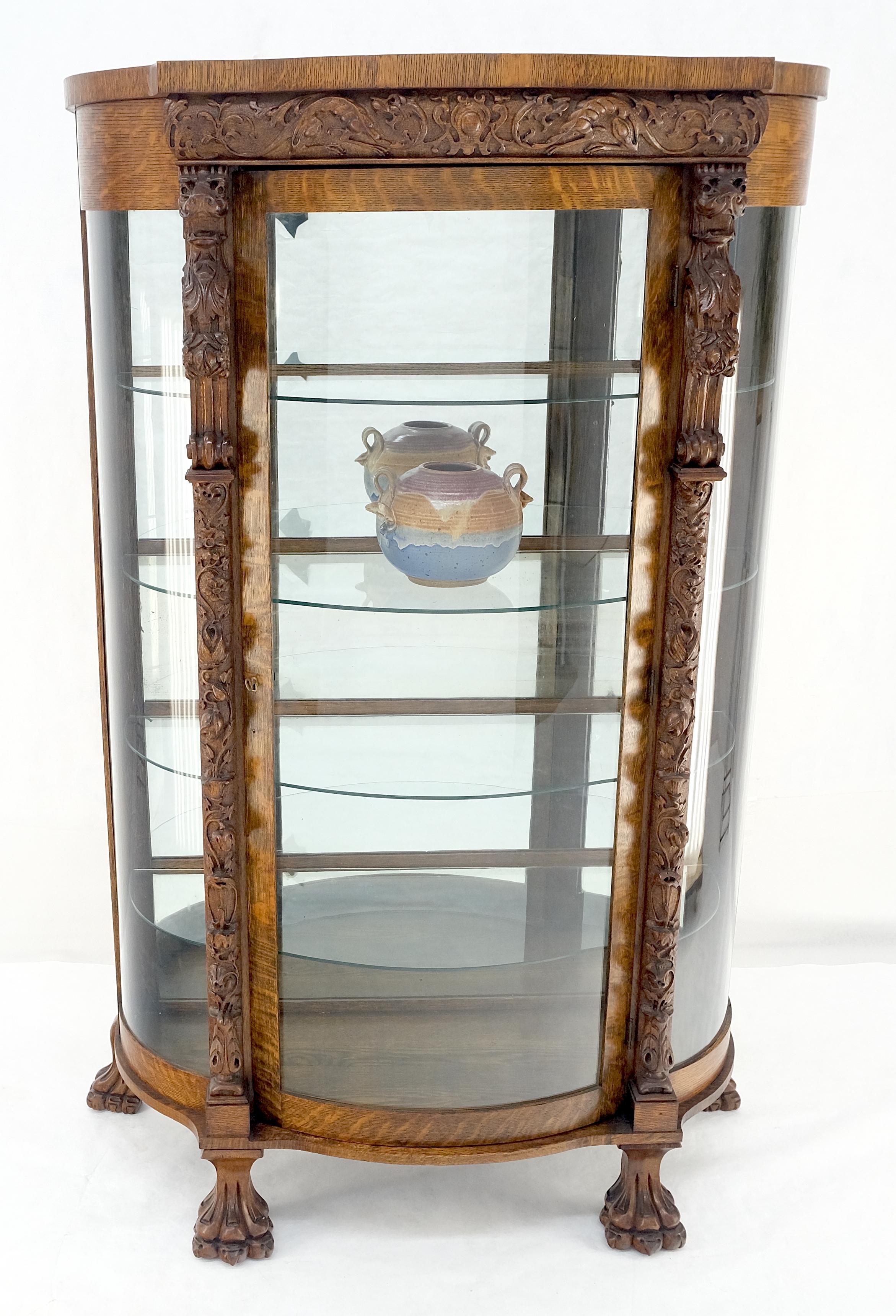 Solid Tiger Oak Curved Glass China Cabinet Carved Claw Feet Lion Heads MINT! en vente 5