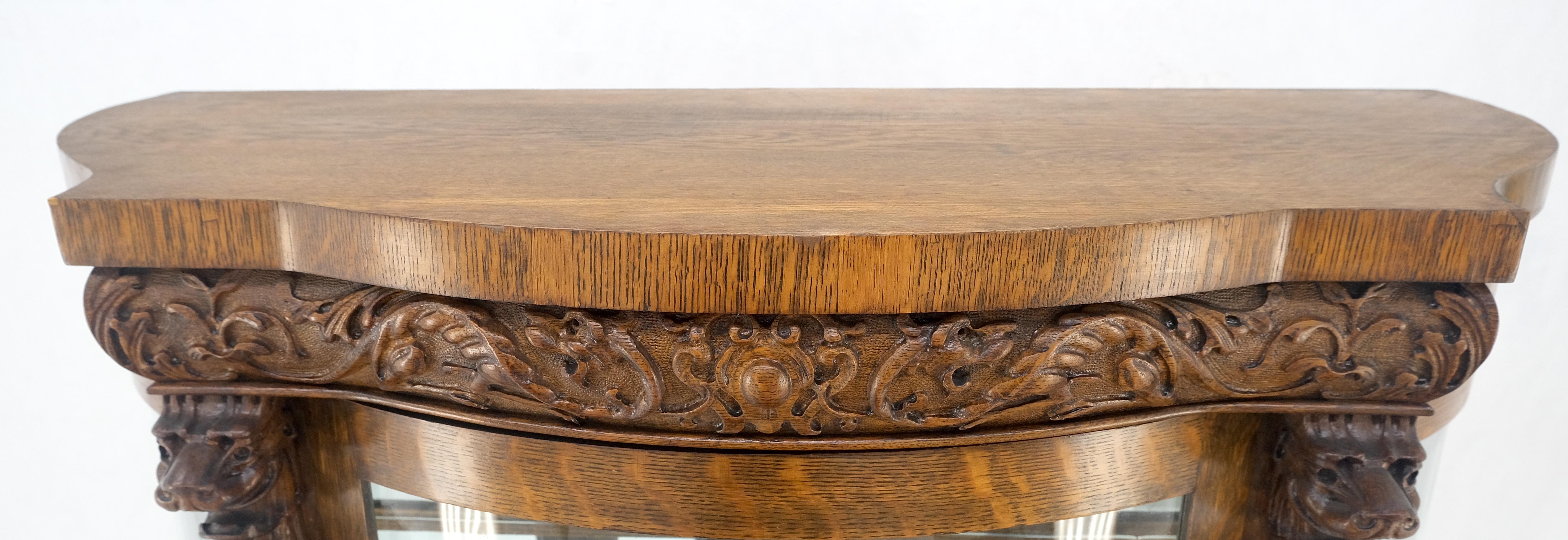 Solid Tiger Oak Curved Glass China Cabinet Carved Claw Feet Lion Heads MINT! en vente 7
