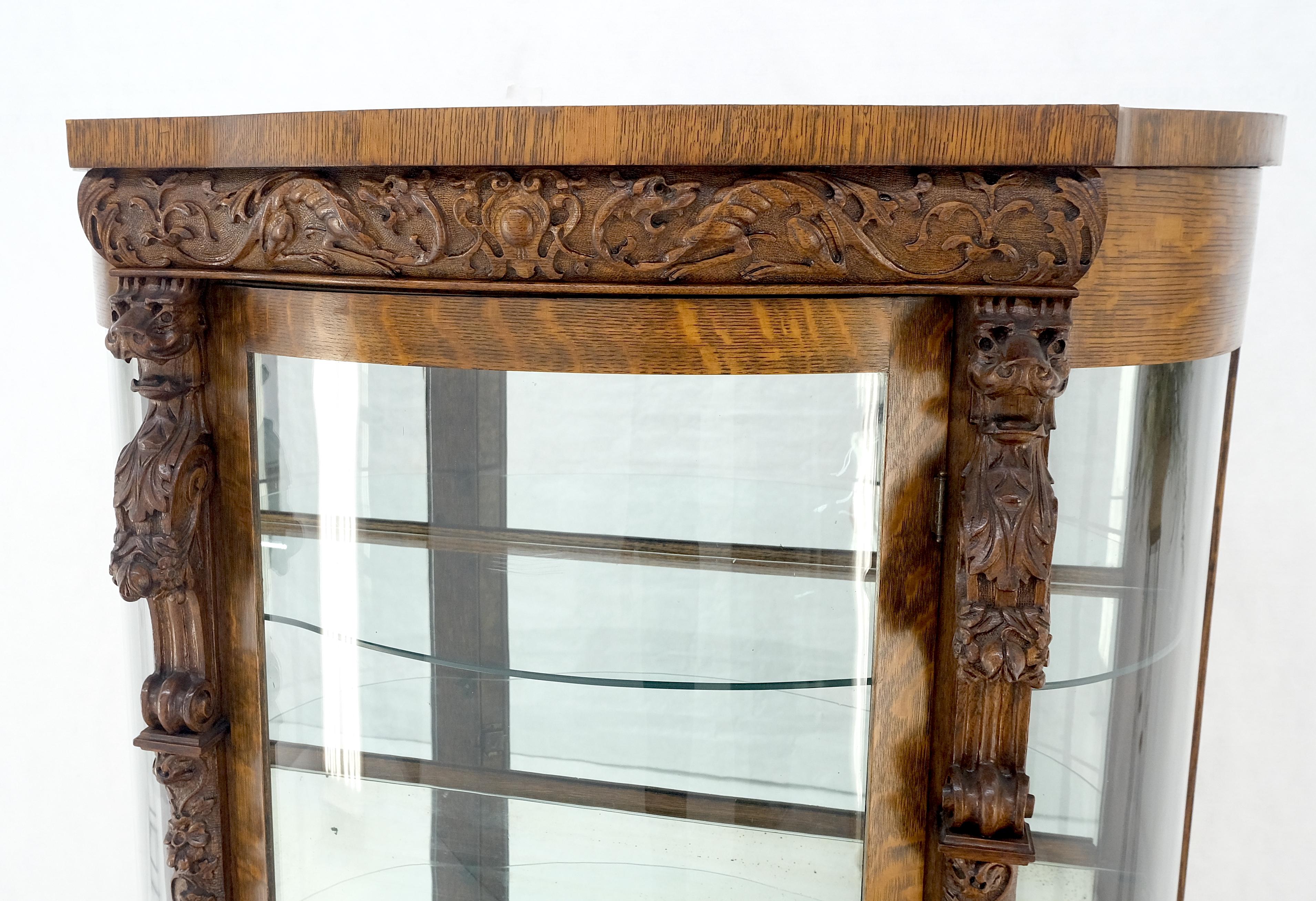 Solid Tiger Oak Curved Glass China Cabinet Carved Claw Feet Lion Heads MINT! en vente 8