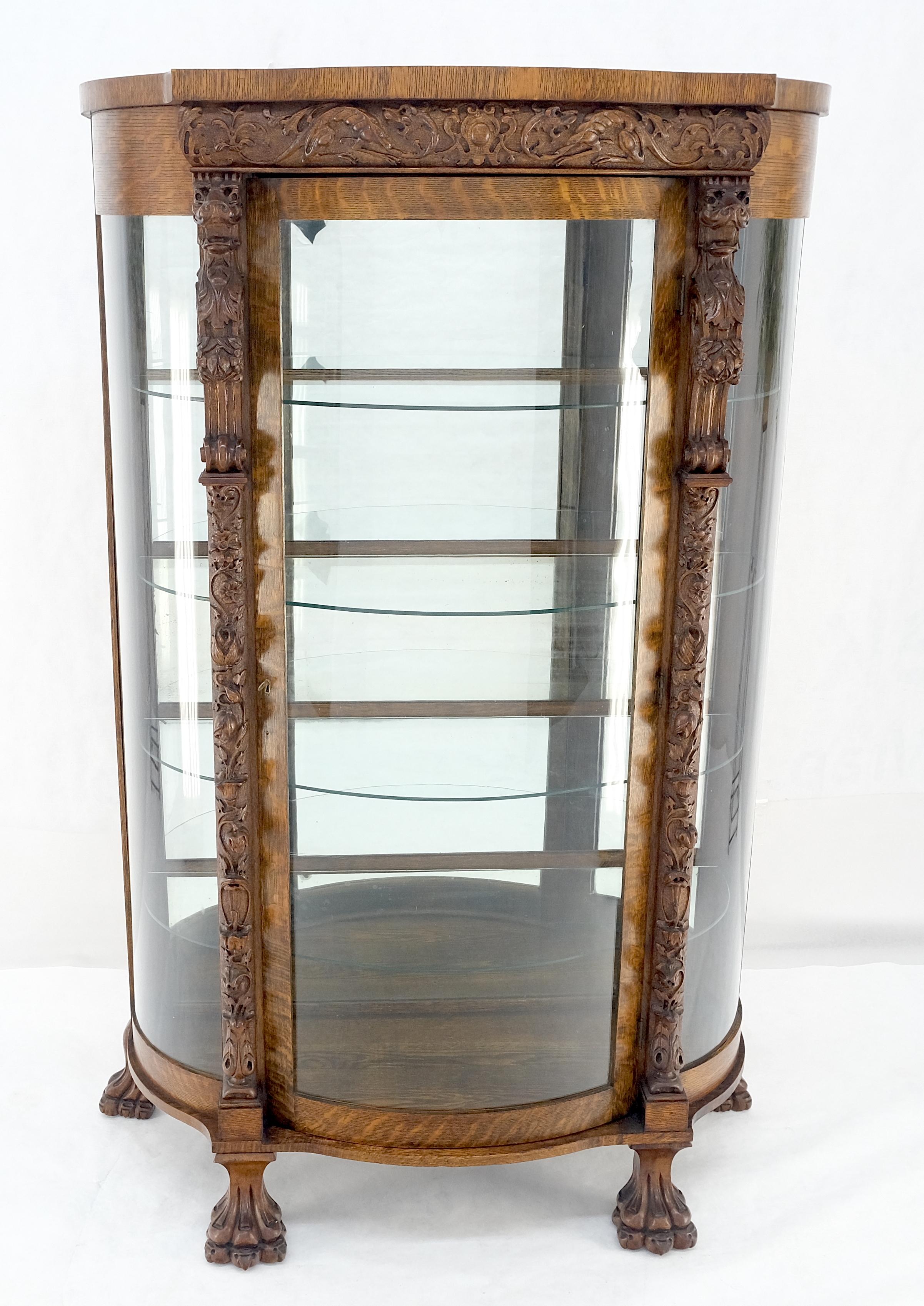 Empire Solid Tiger Oak Curved Glass China Cabinet Carved Claw Feet Lion Heads MINT! en vente