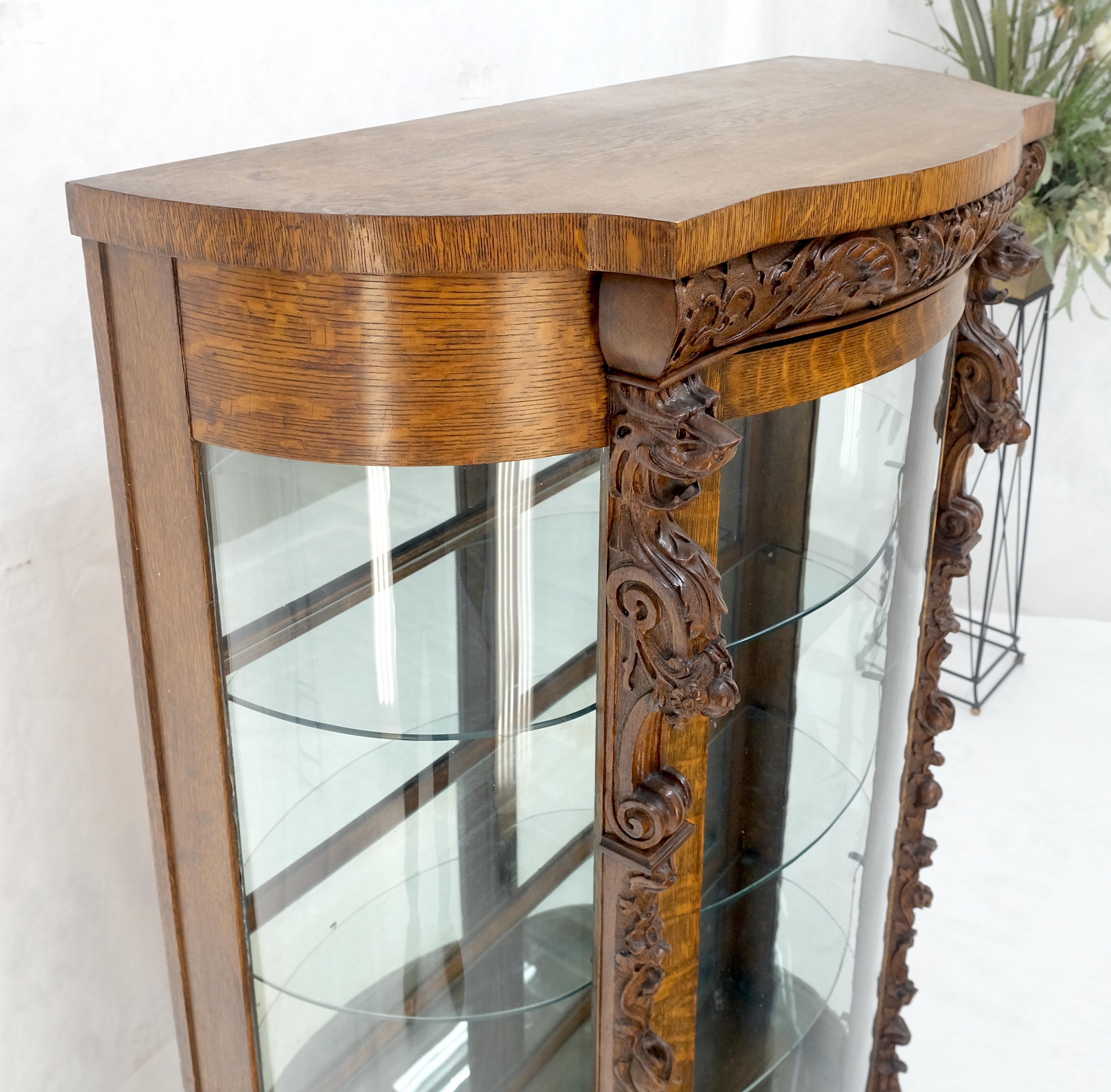 Solid Tiger Oak Curved Glass China Cabinet Carved Claw Feet Lion Heads MINT! en vente 2