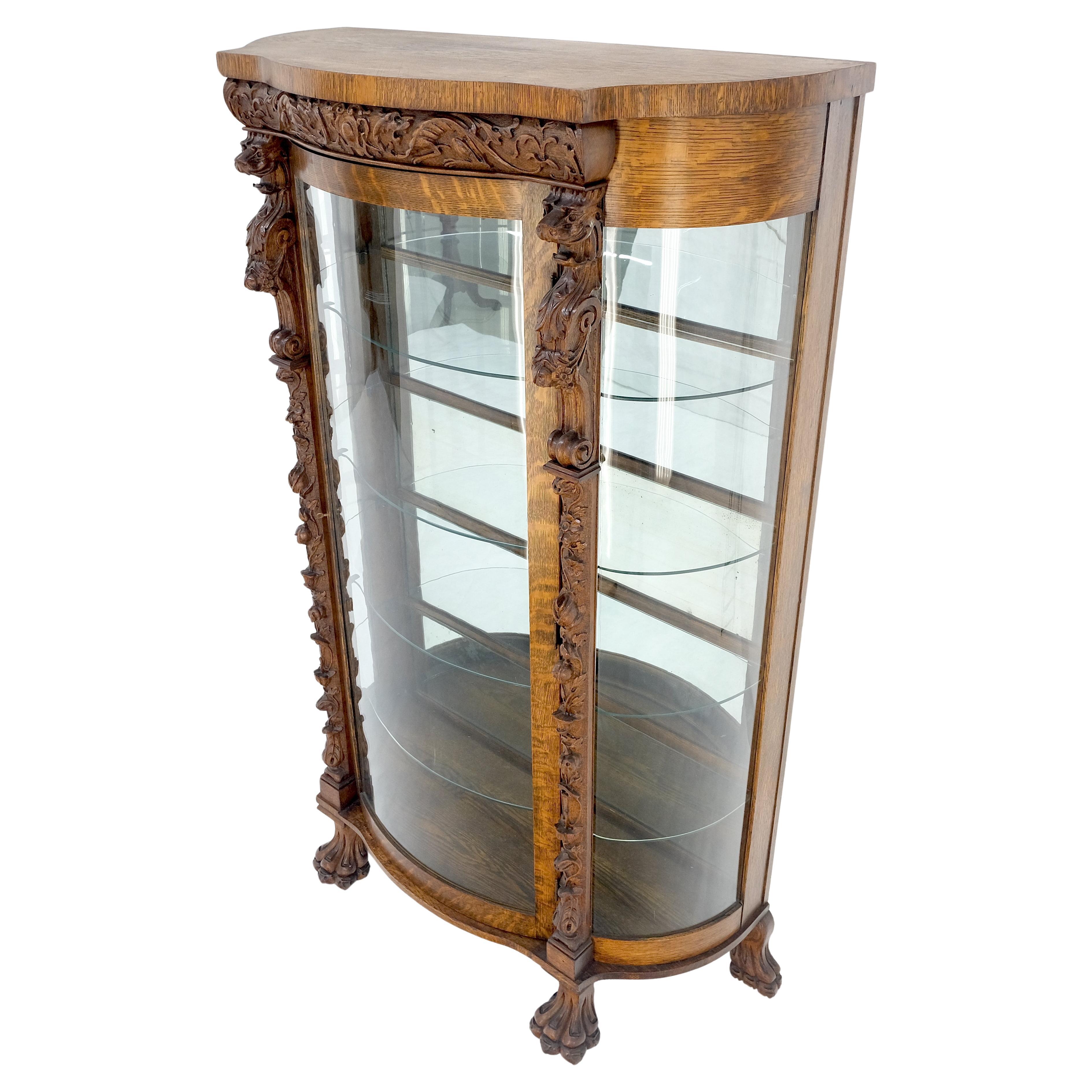 Solid Tiger Oak Curved Glass China Cabinet Carved Claw Feet Lion Heads MINT! en vente