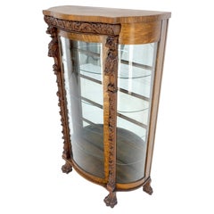 Solid Tiger Oak Curved Glass China Cabinet Carved Claw Feet Lion Heads MINT!