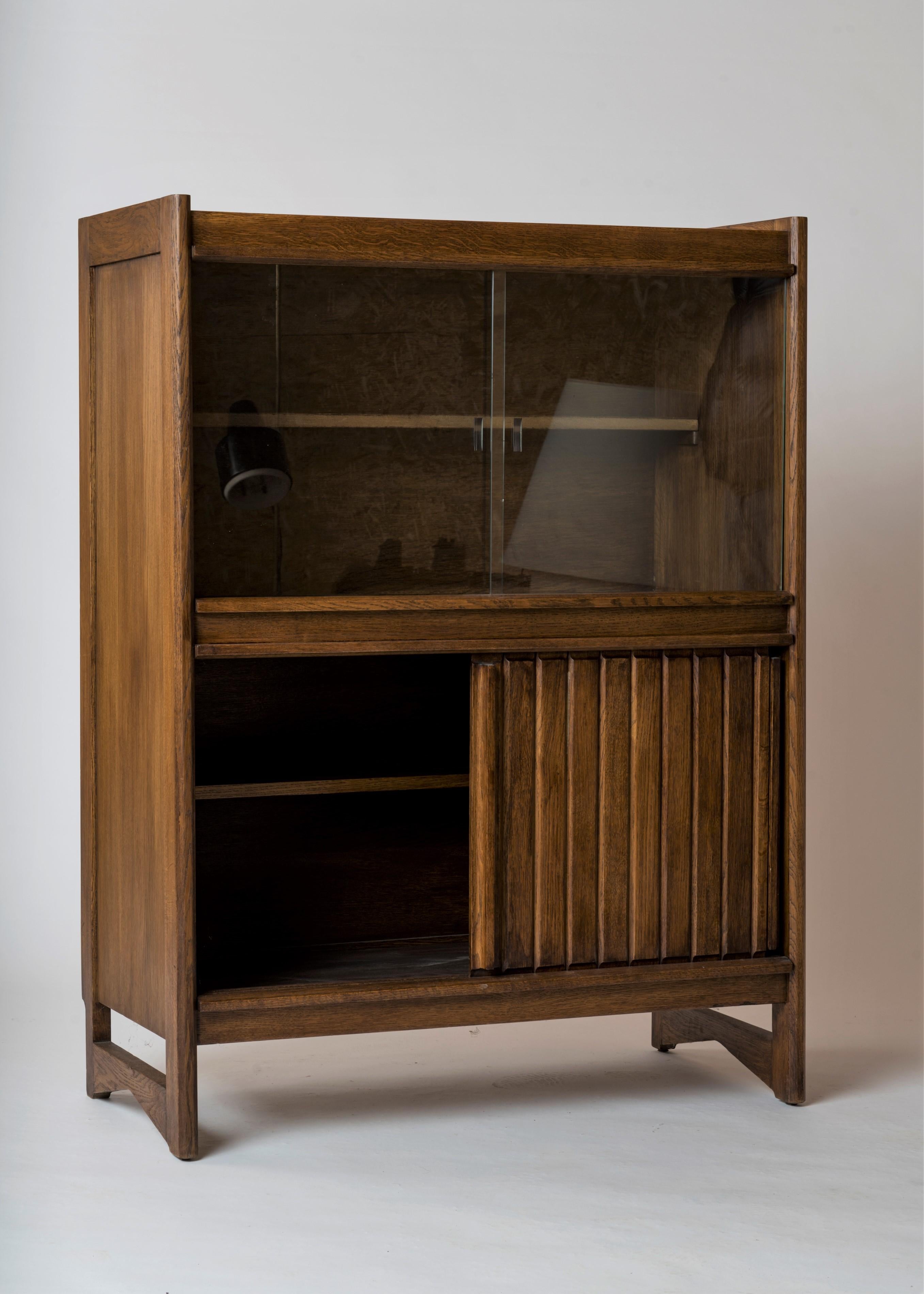 French Solid Tinted Solid Oak Cabinet By Guillerme & Chambron - France late 1960's For Sale