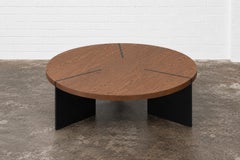 Solid Tobacco Oak 60-Inch Round Coffee Table with Blackened Steel Base