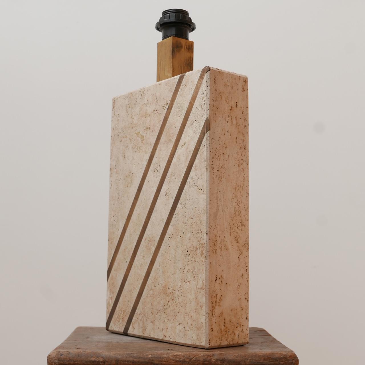 Solid Travertine and Brass Mid-Century Belgium Table Lamp 2