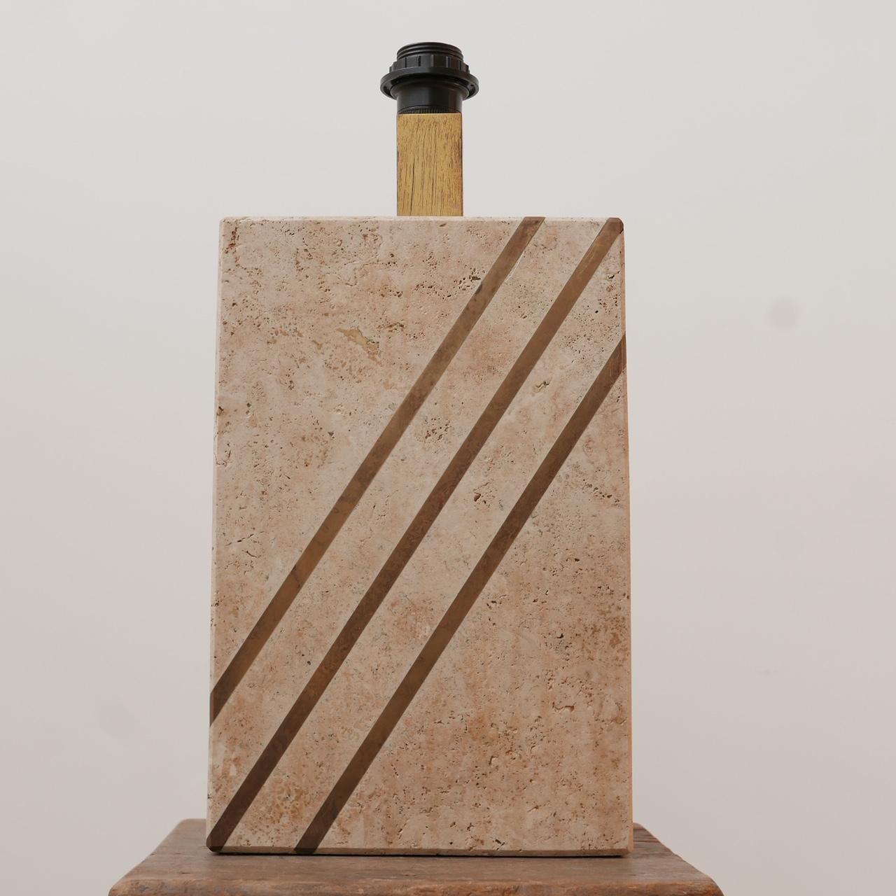 Solid Travertine and Brass Mid-Century Belgium Table Lamp 3