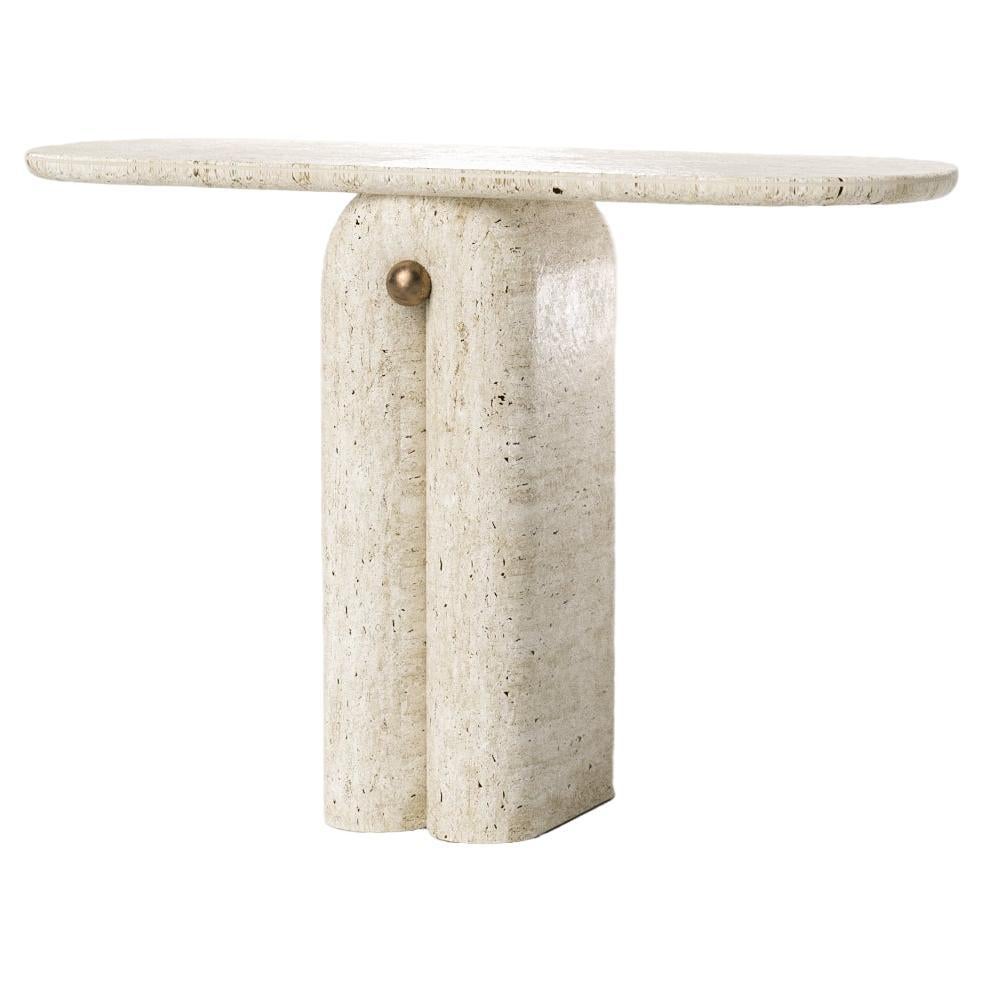 Solid Travertine & Brass Console by Arthur Vallin For Sale