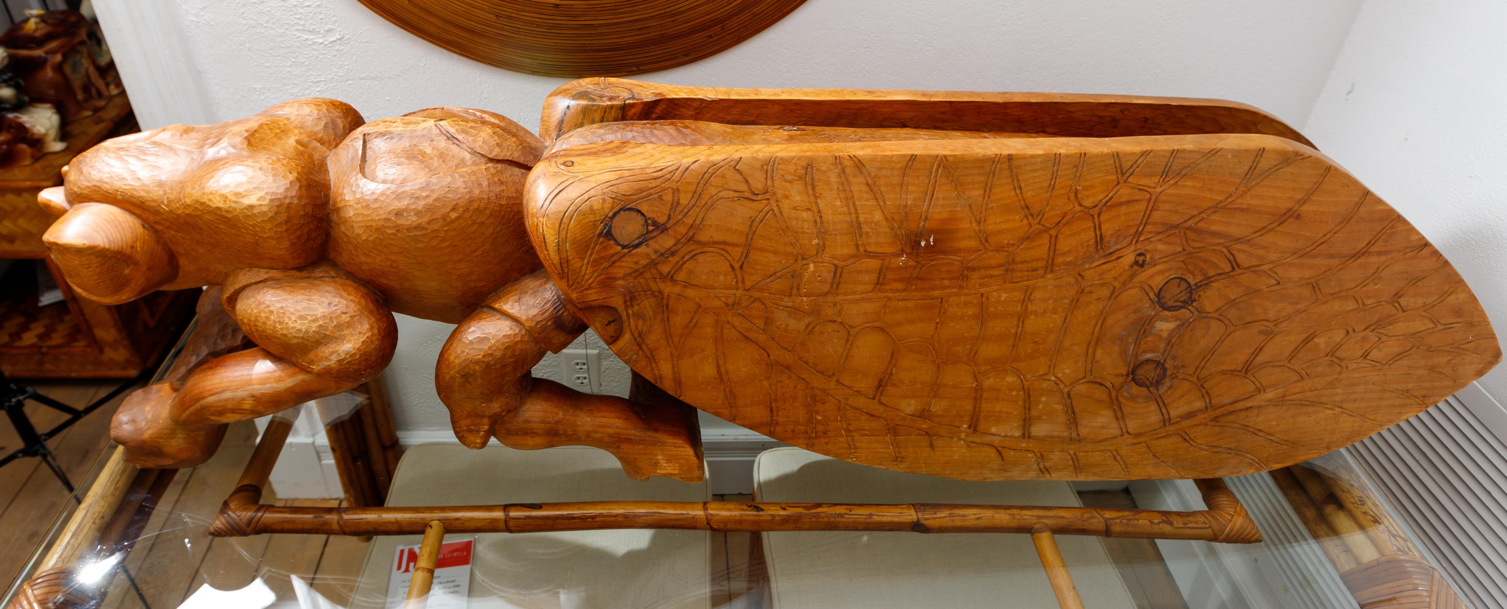 Solid tropical hard wood sculpture in the Form of a Locust/Cicada.