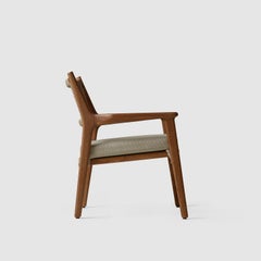 Solid Tropical Wood Armchair for Indoor Outdoor, Woven Cord Backrest and Cushion