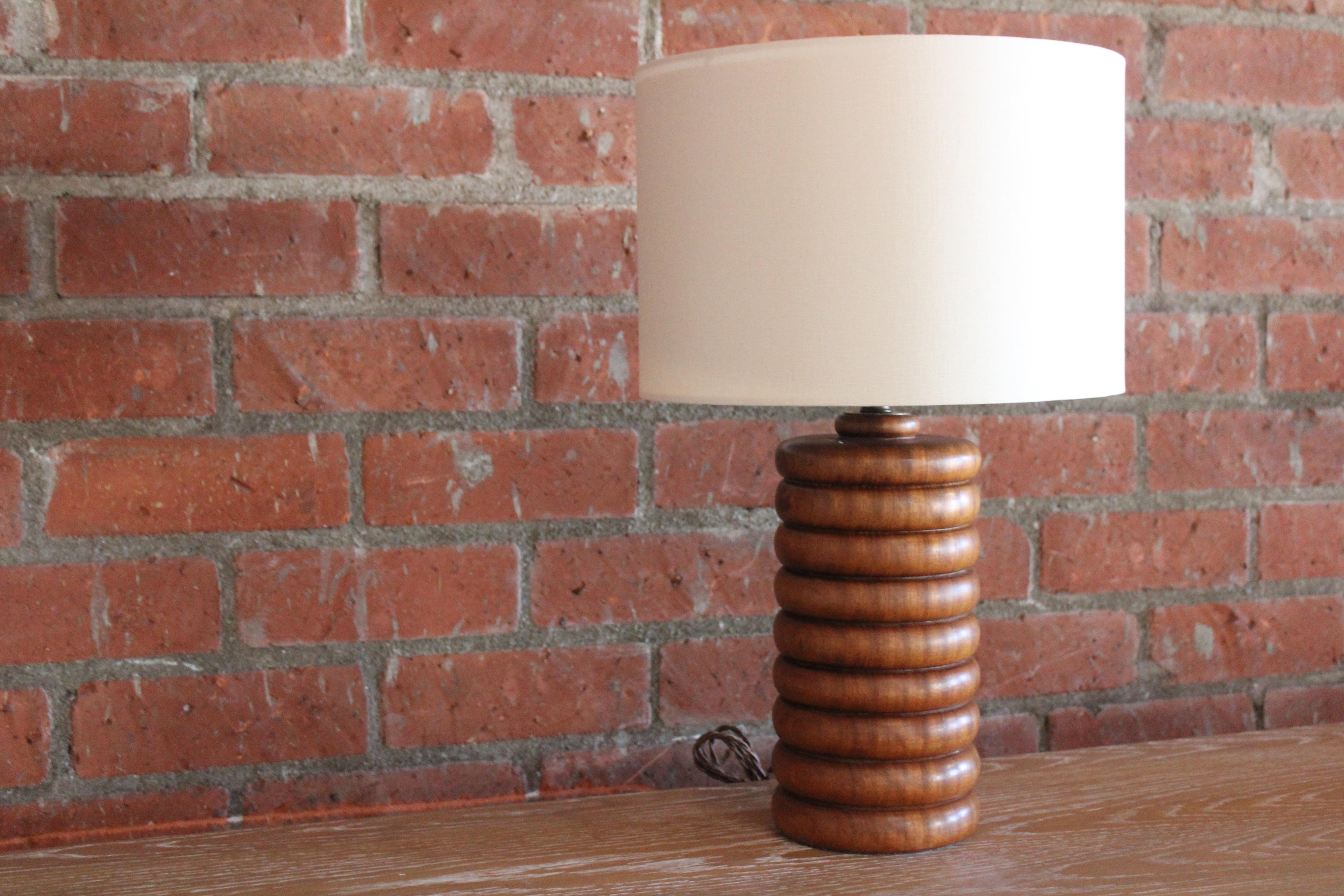 French Solid Turned Walnut Table Lamp, France, 1960s
