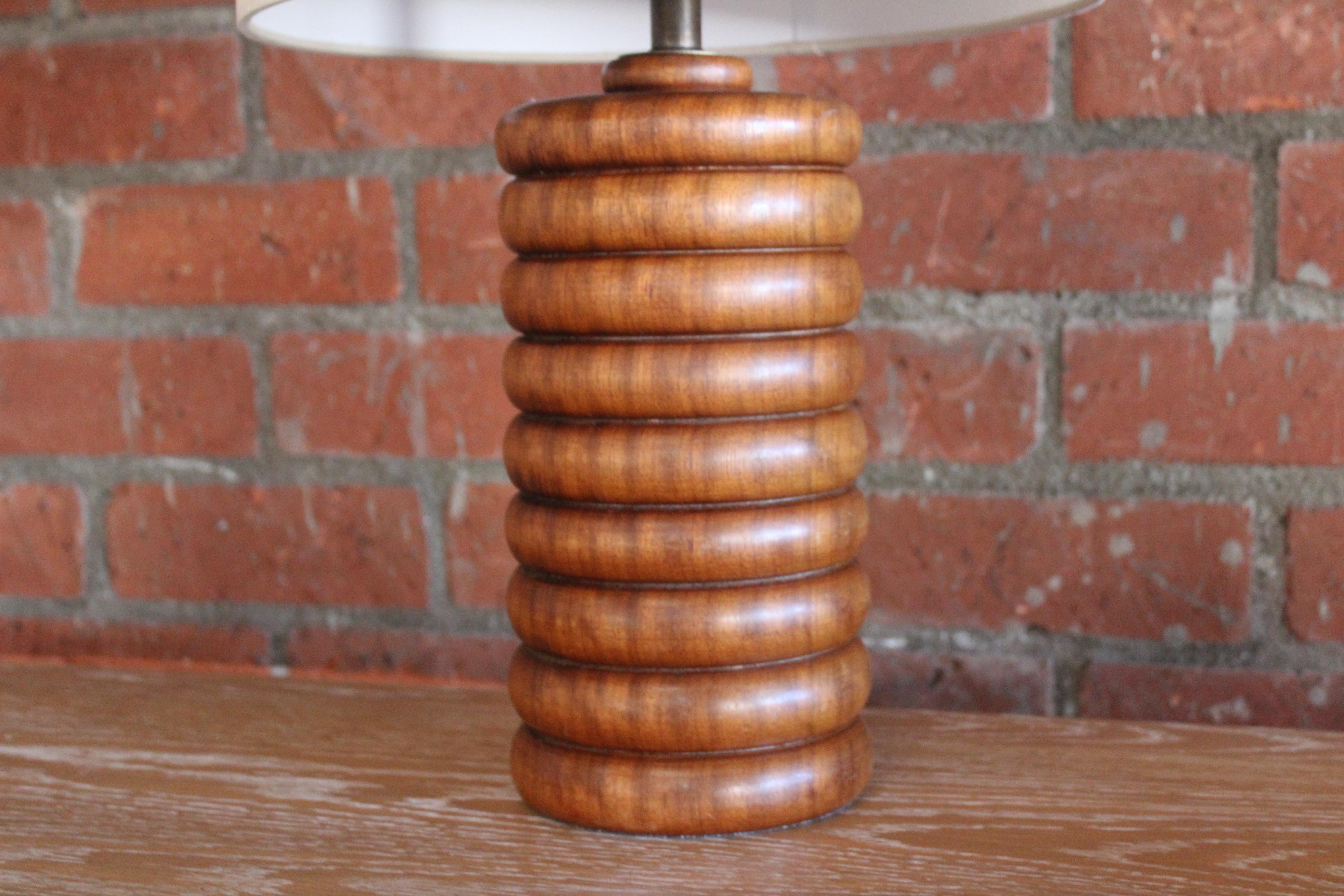 Linen Solid Turned Walnut Table Lamp, France, 1960s
