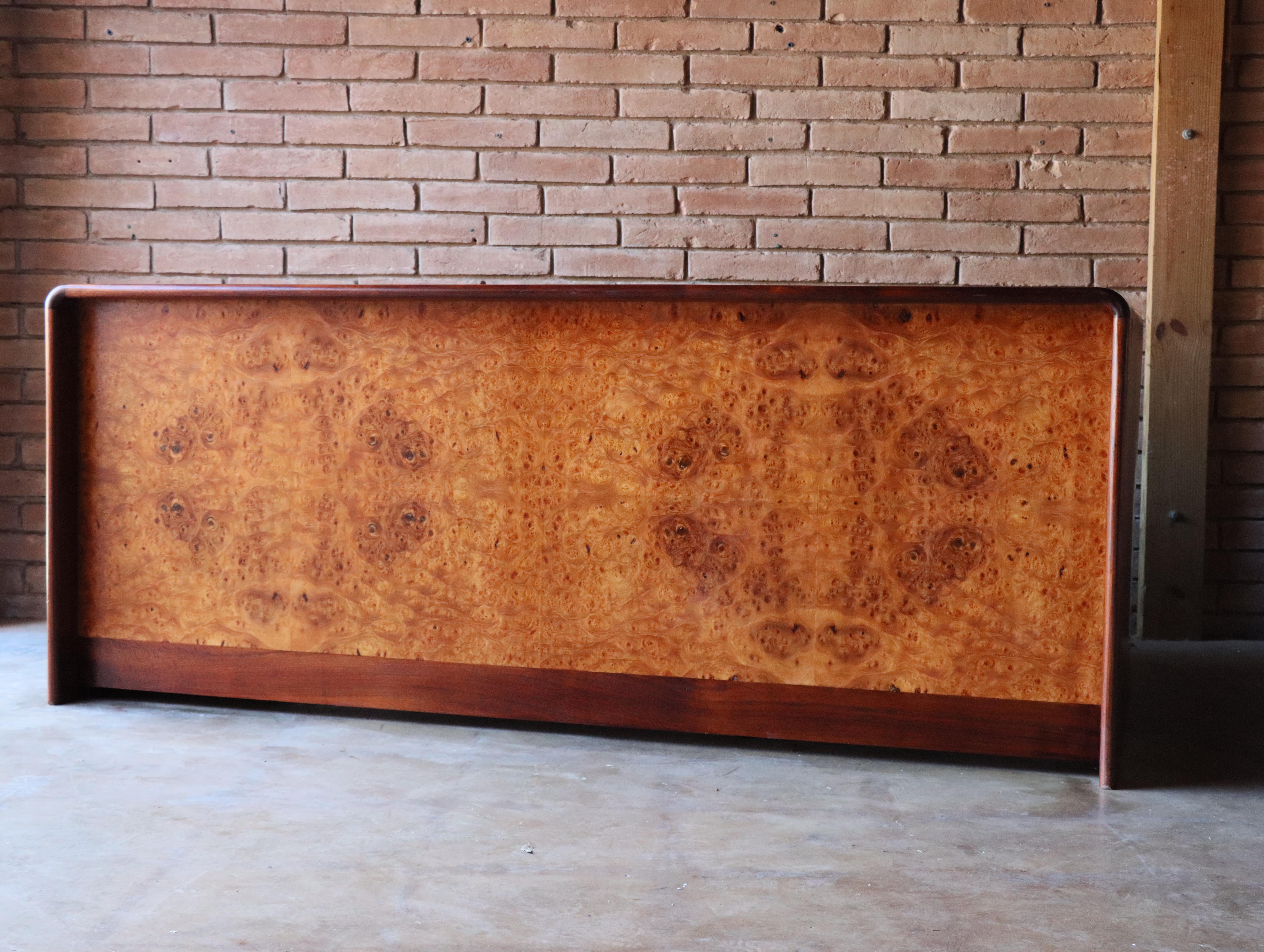 American Solid Walnut and Burlwood Desk by Lou Hodges, California Design, 1970s For Sale