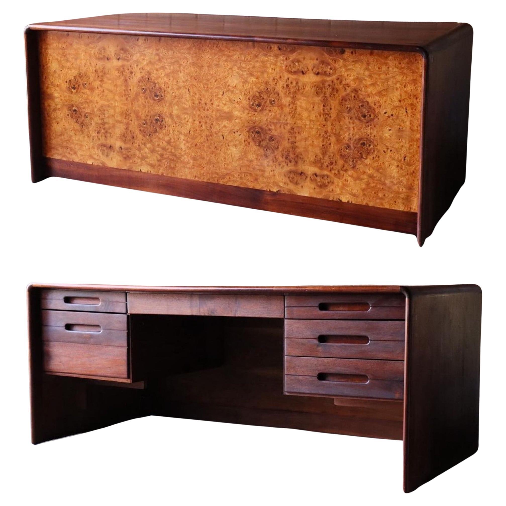 Solid Walnut and Burlwood Desk by Lou Hodges, California Design, 1970s For Sale