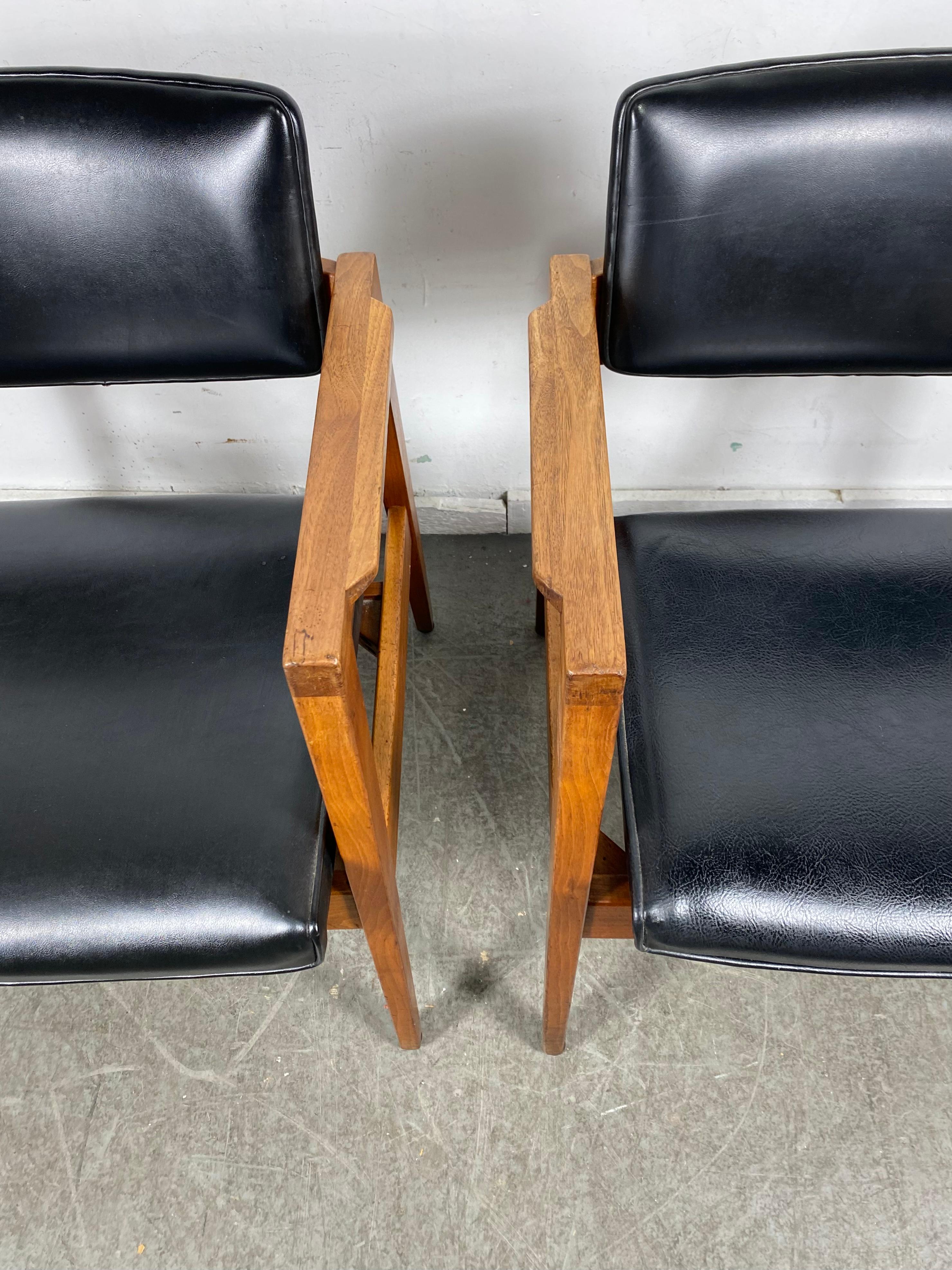 Solid Walnut and Leather Lounge Chairs by Gunlocke , Jens Risom Style 1