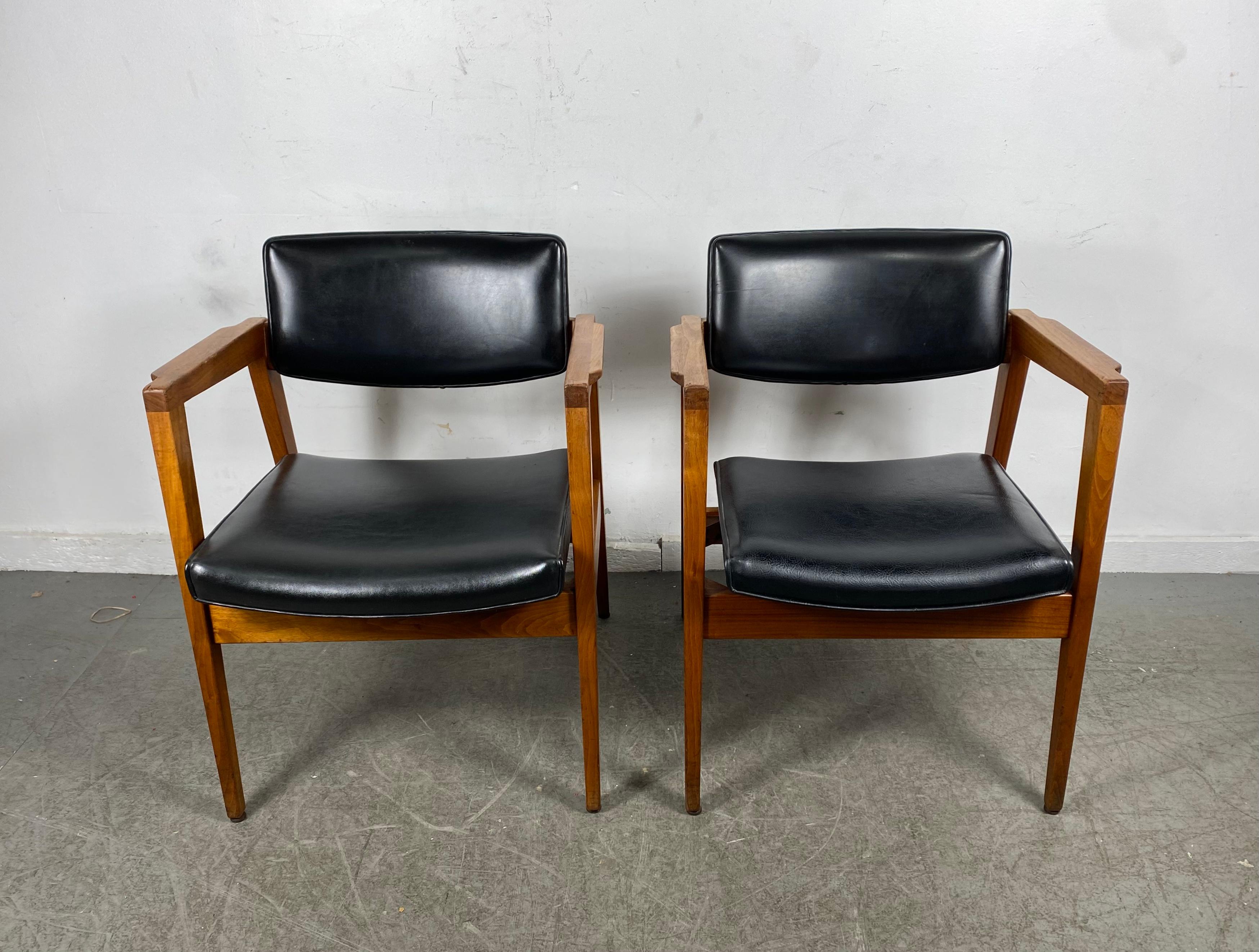 Solid Walnut and Leather Lounge Chairs by Gunlocke , Jens Risom Style 2