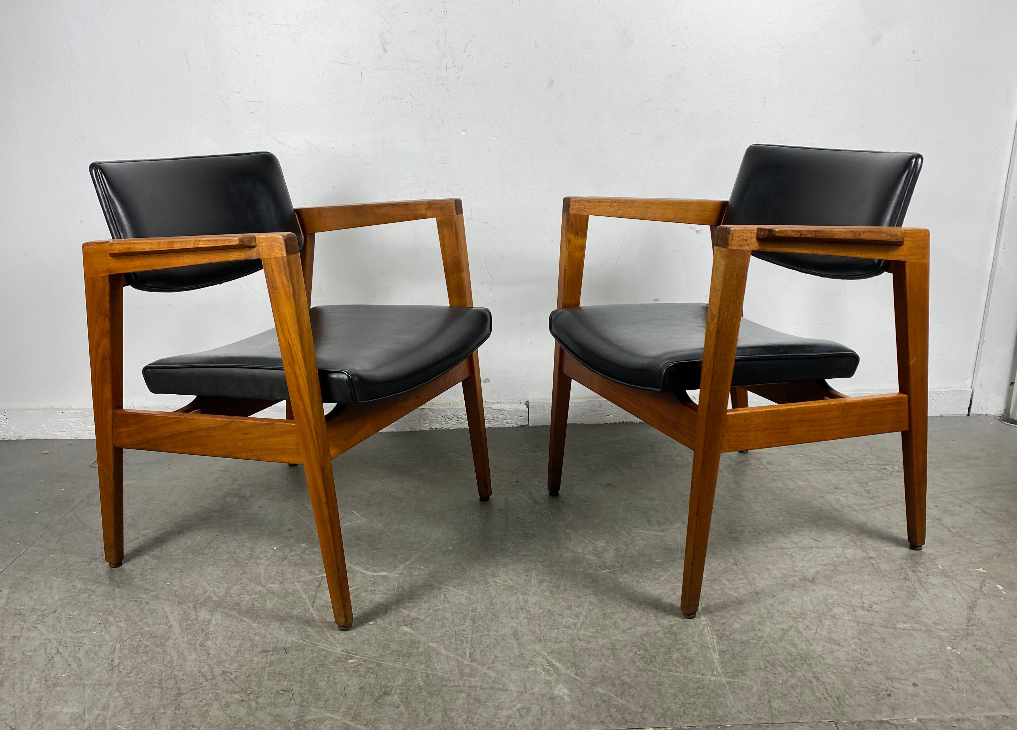 American Solid Walnut and Leather Lounge Chairs by Gunlocke , Jens Risom Style