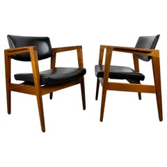 Solid Walnut and Leather Lounge Chairs by Gunlocke , Jens Risom Style