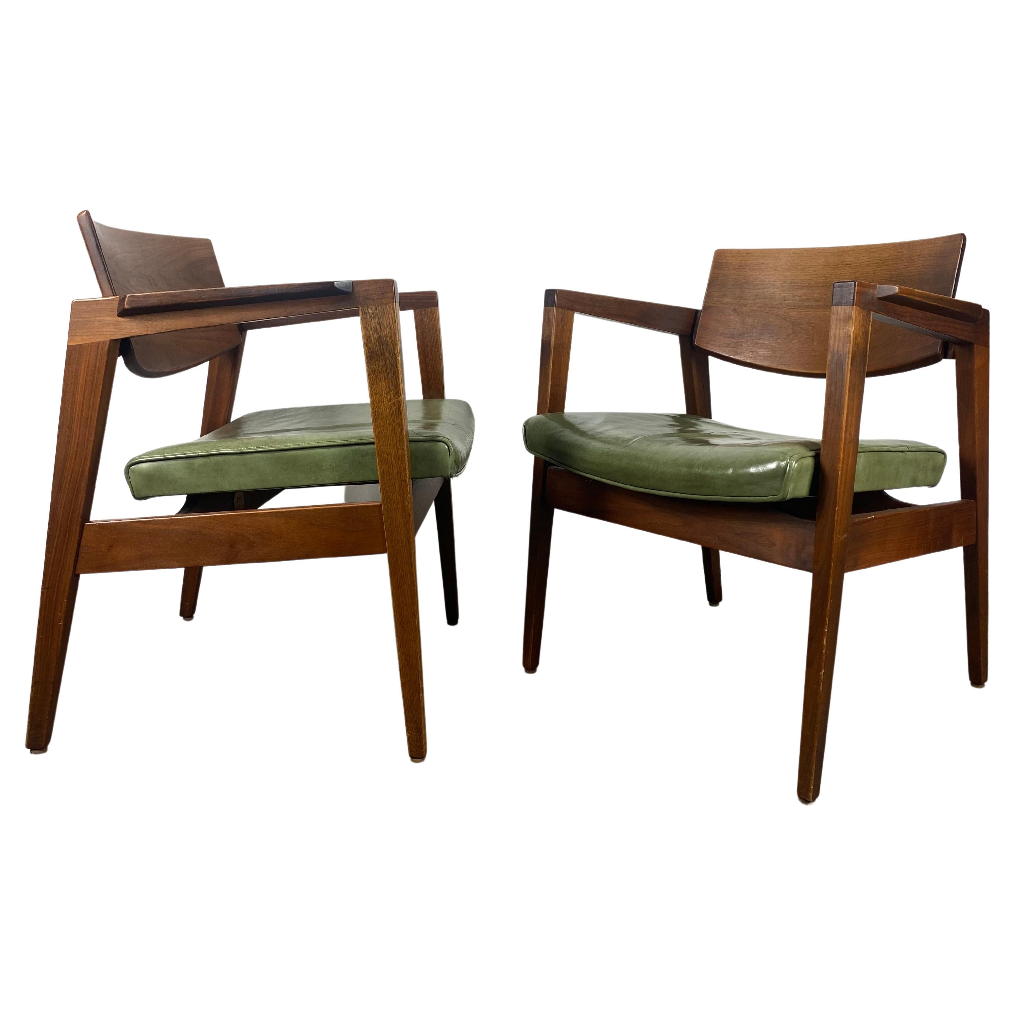 Solid Walnut and Leather Lounge Chairs by Gunlocke, Jens Risom Style For Sale