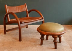 Solid walnut and leather ottoman / stool
