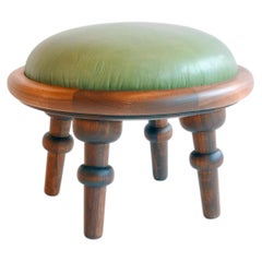 Solid walnut and leather ottoman / stool