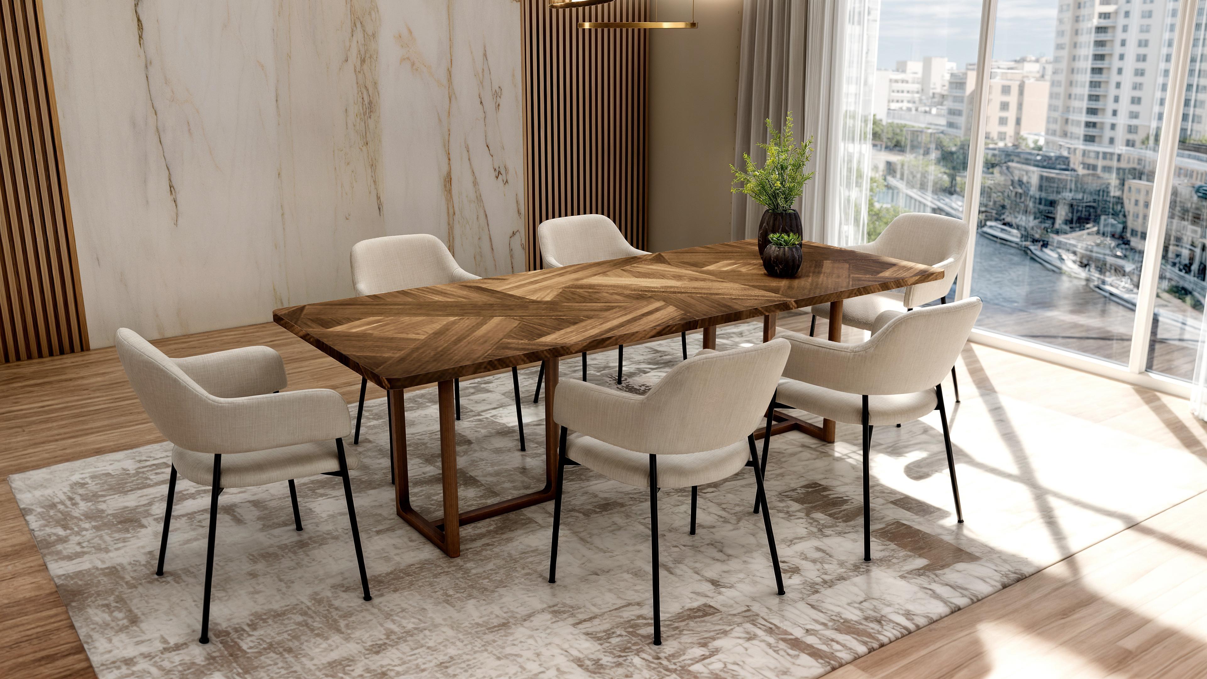 Moderne Table de salle à manger en noyer massif et marqueterie en vente