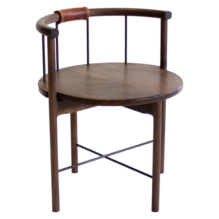 Solid Walnut Barrel-Backed Dining Chair with Brass or Bronze Rungs, Leather Grip 1