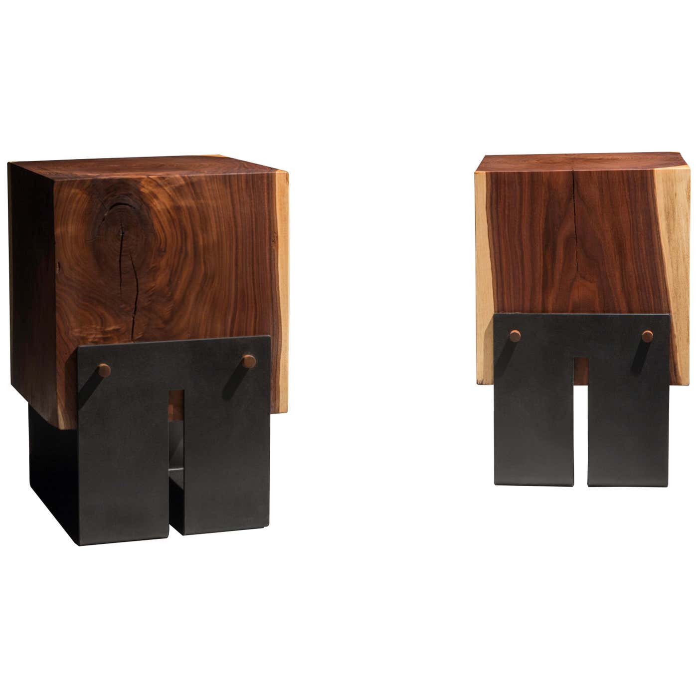Solid Walnut Block Side Table/Stool on Black Steel Base