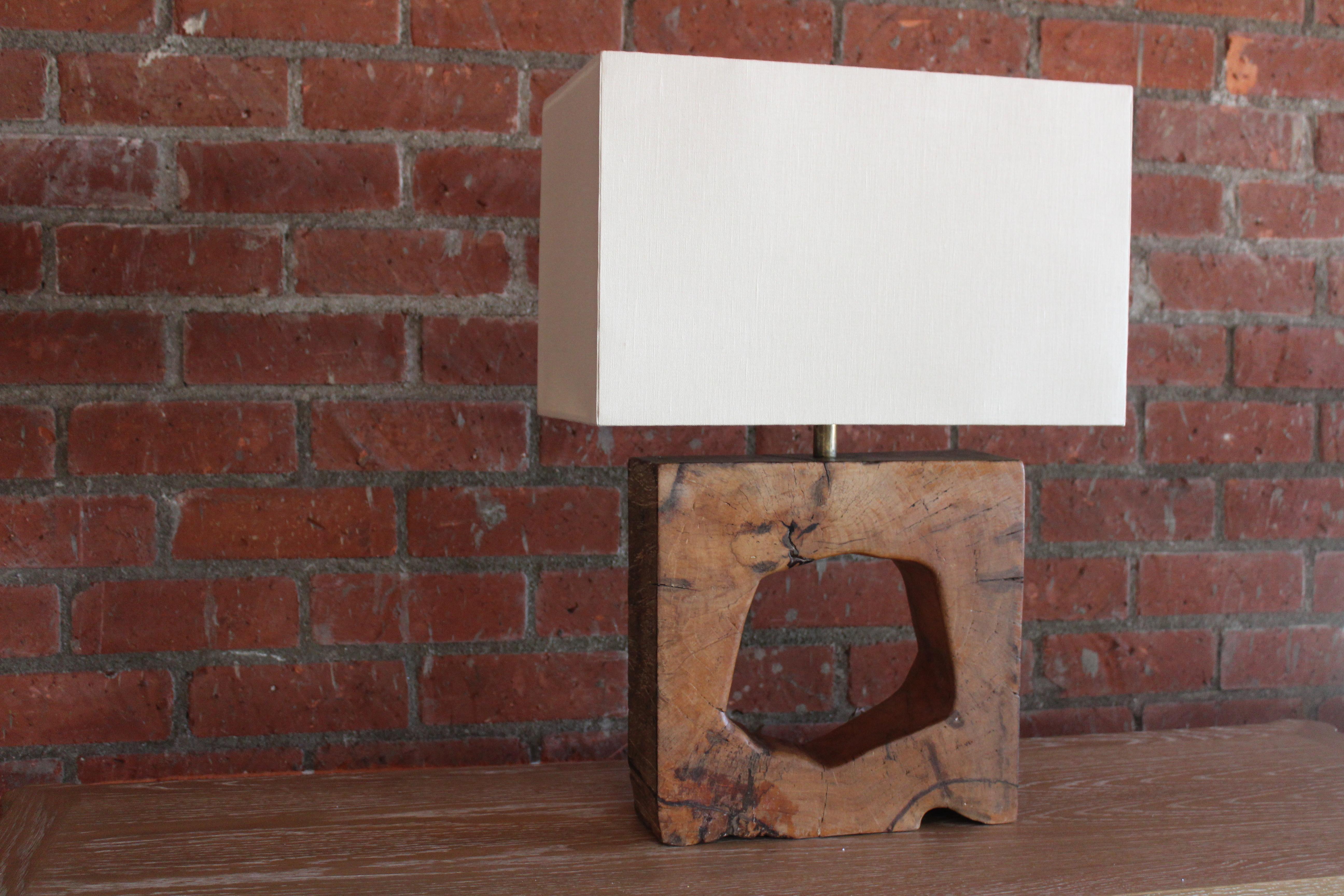 Brutalist Solid Walnut Block Table Lamp, France, 1960s