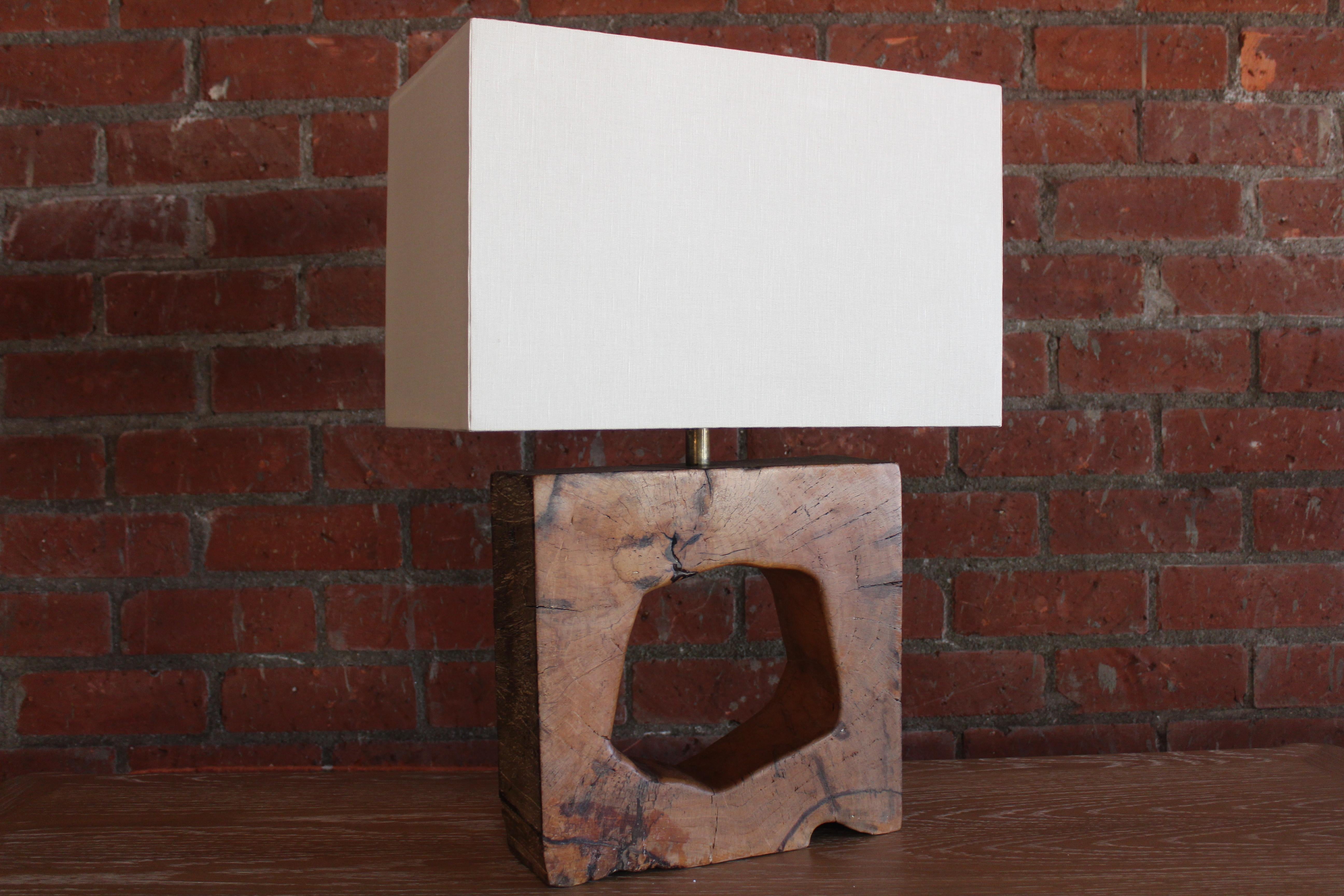 Solid Walnut Block Table Lamp, France, 1960s In Good Condition In Los Angeles, CA