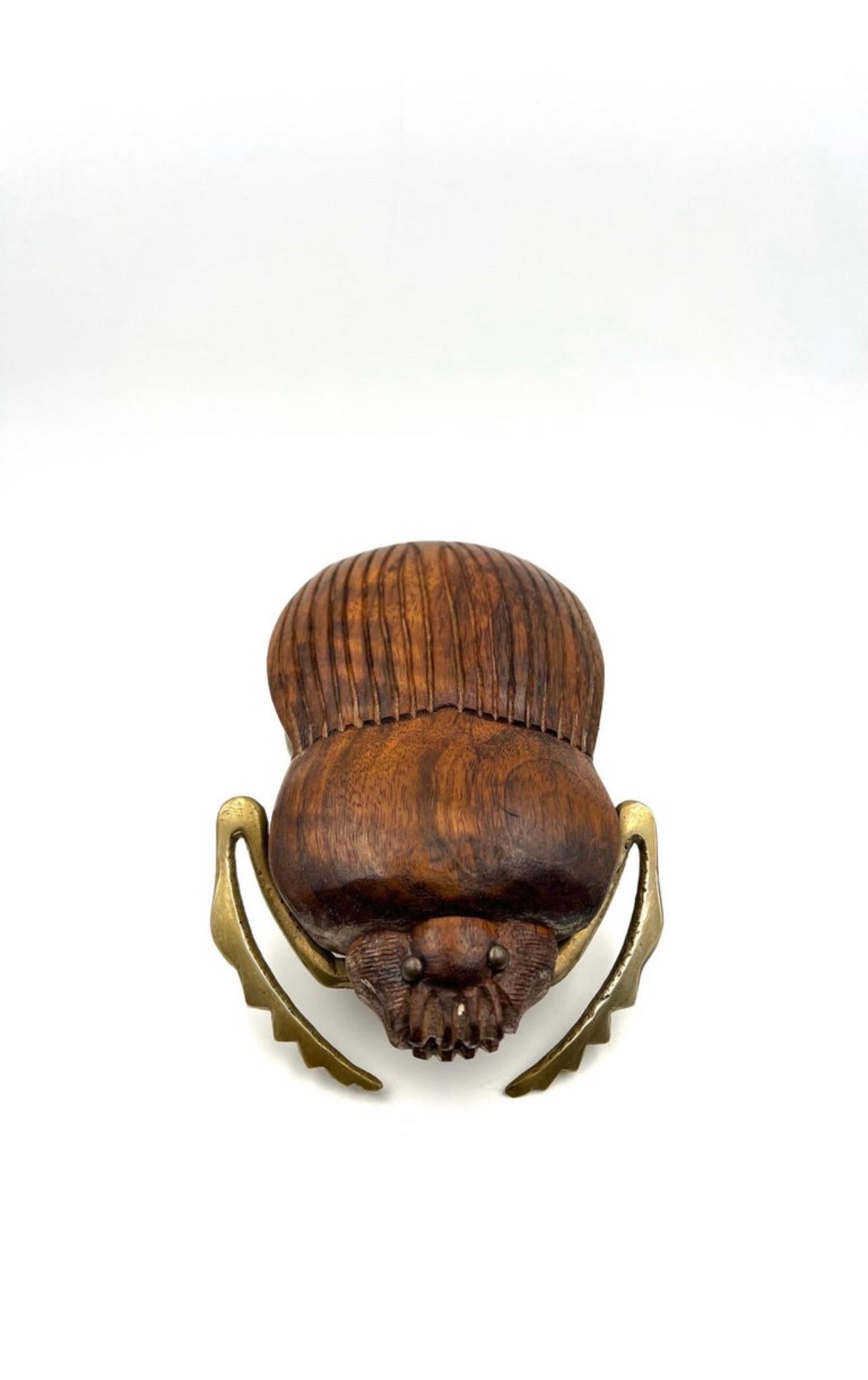Mid-Century Modern Solid Walnut Brass and Walnut Beetle Sculpture by Sarreid For Sale