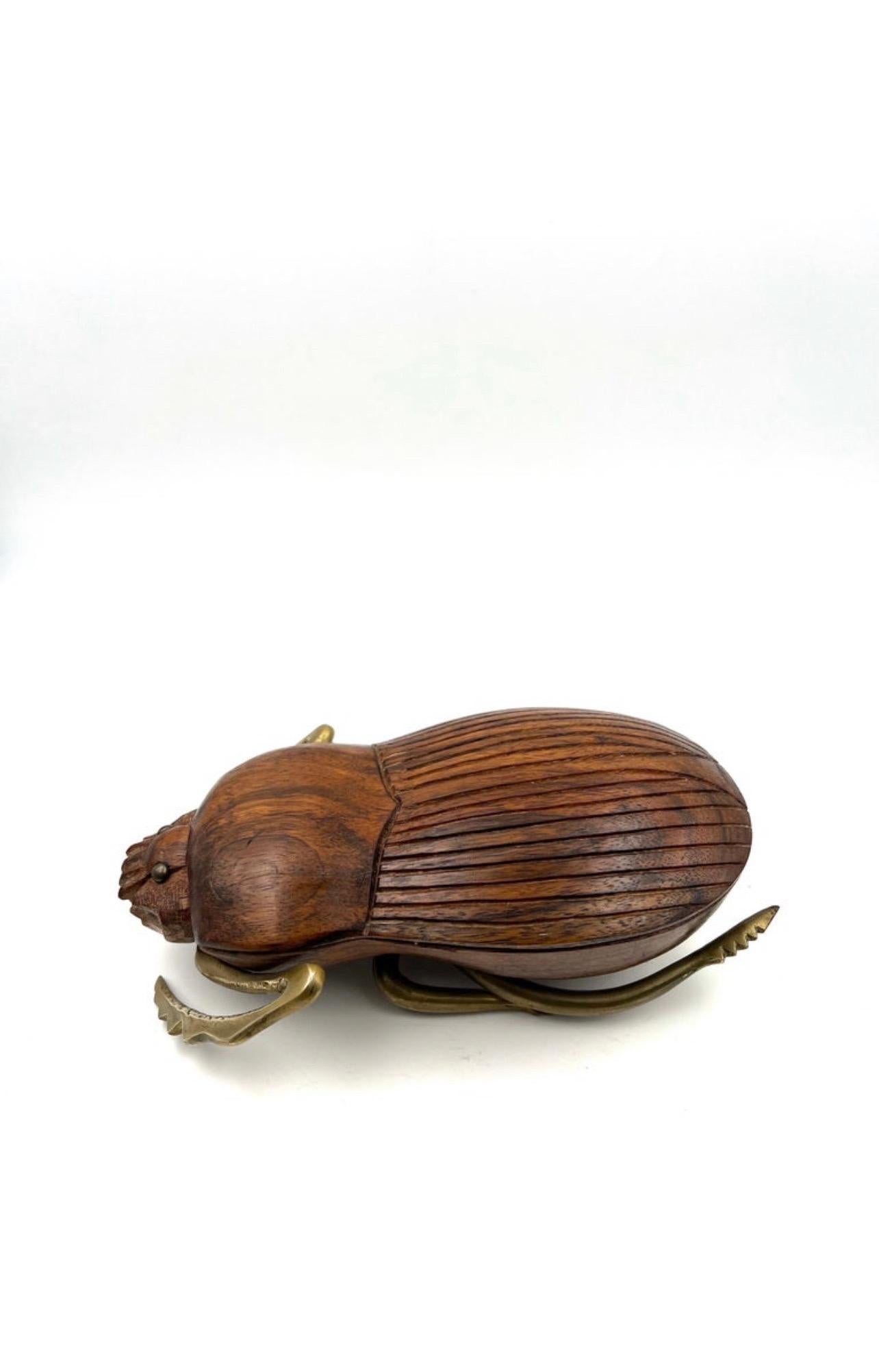 Solid Walnut Brass and Walnut Beetle Sculpture by Sarreid In Excellent Condition For Sale In San Diego, CA