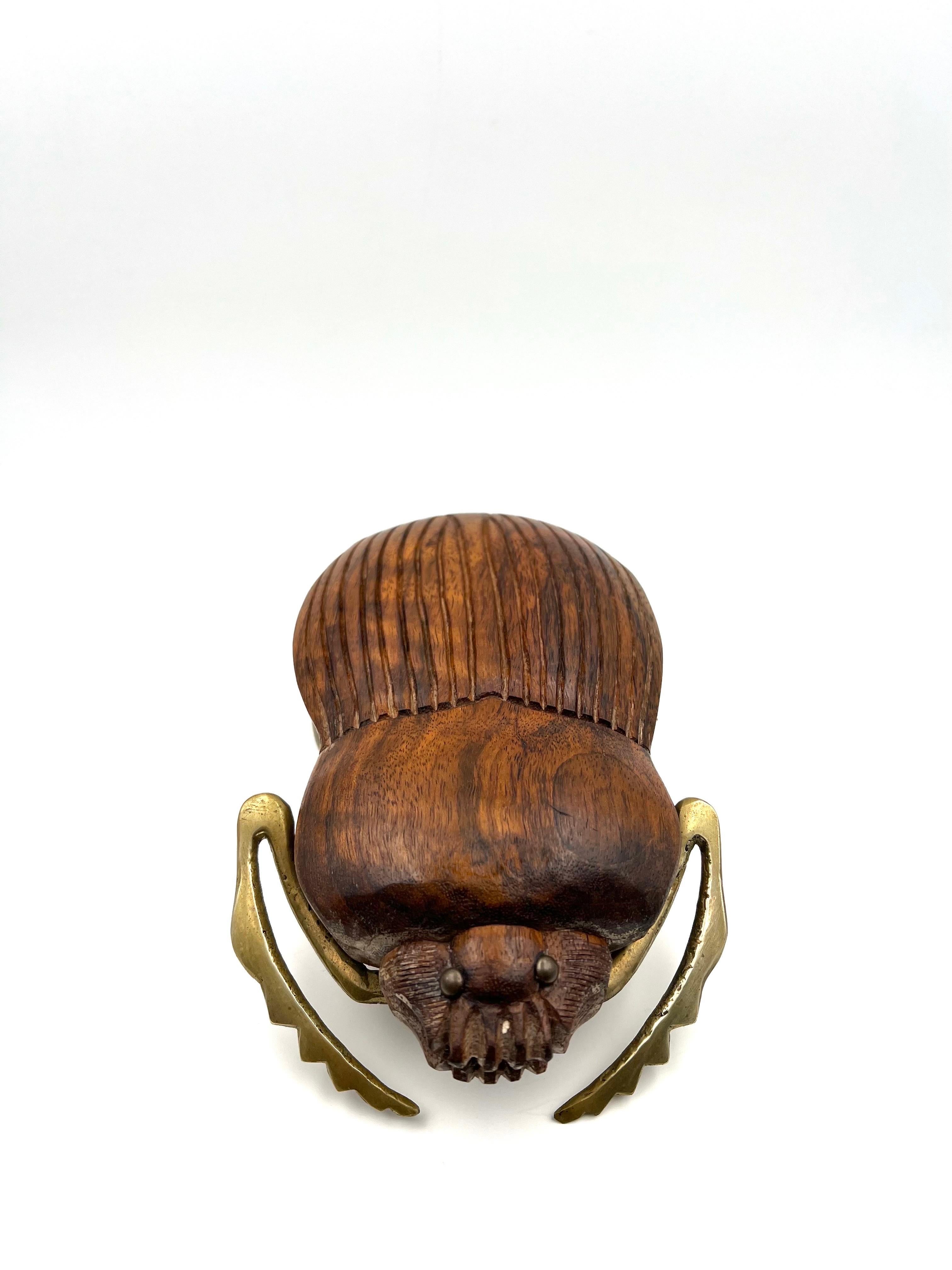 Mid-Century Modern Solid Walnut Brass and Walnut Beetle Sculpture by Sarreid