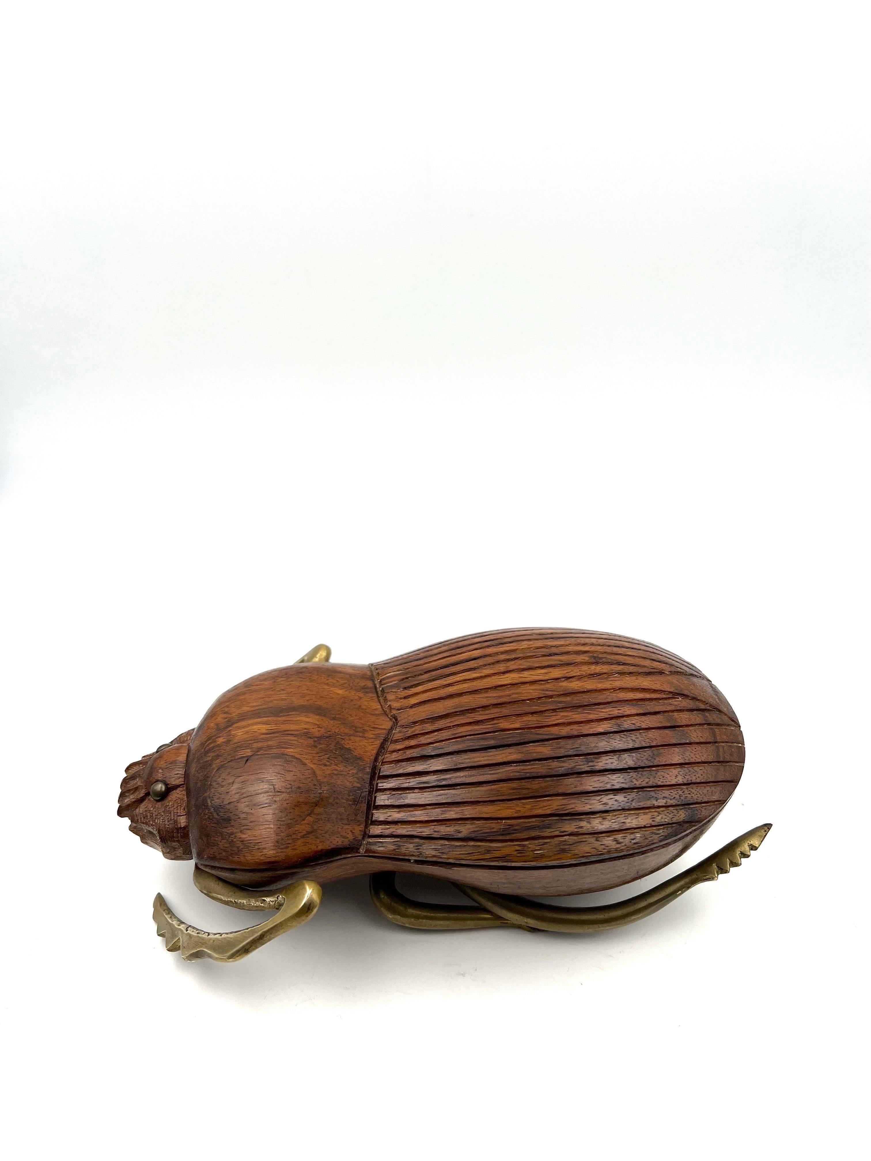 Solid Walnut Brass and Walnut Beetle Sculpture by Sarreid In Excellent Condition In San Diego, CA