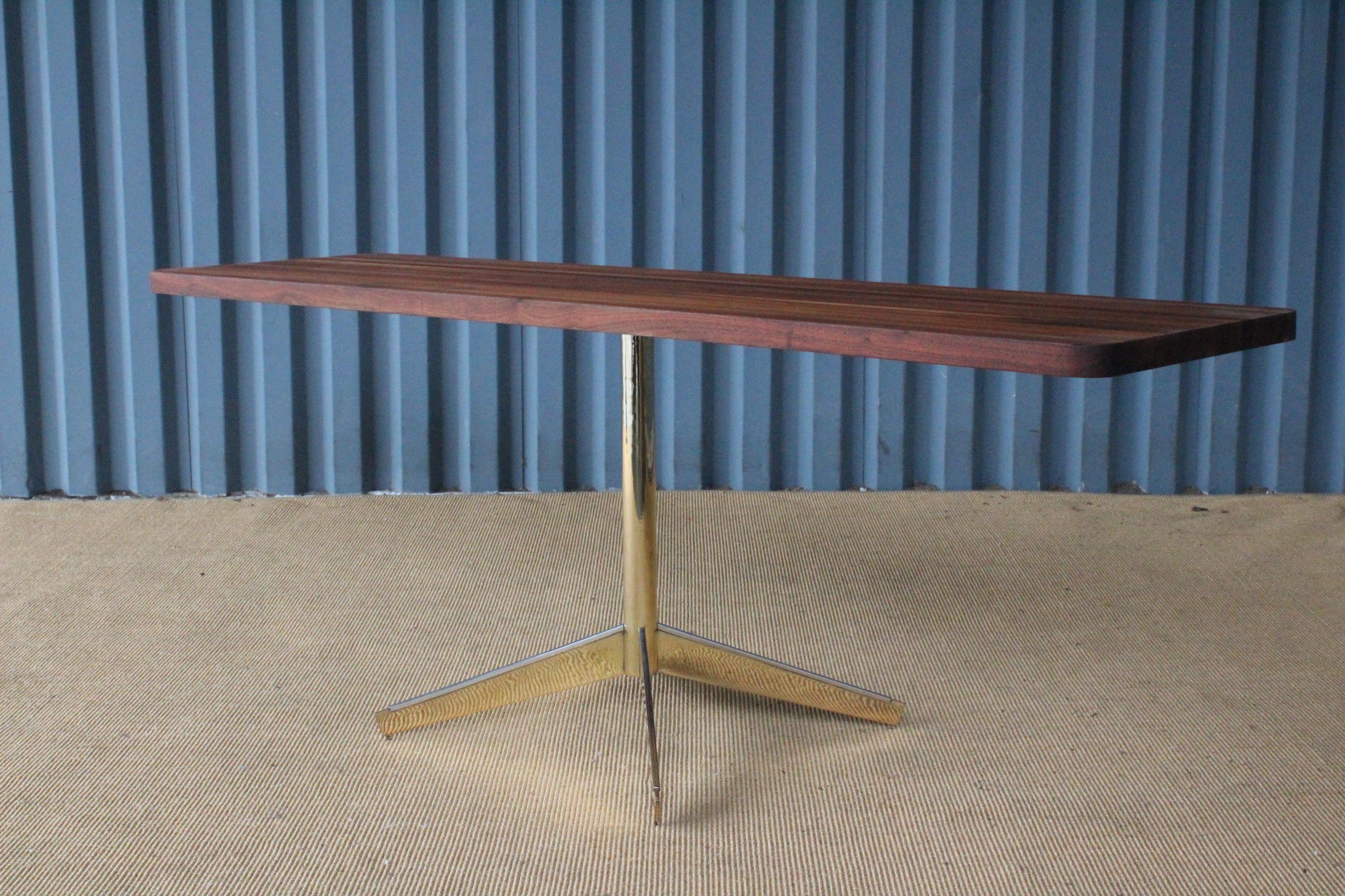 Solid Walnut Console Table on Brass-Plated Base, USA, 1960s In Excellent Condition In Los Angeles, CA