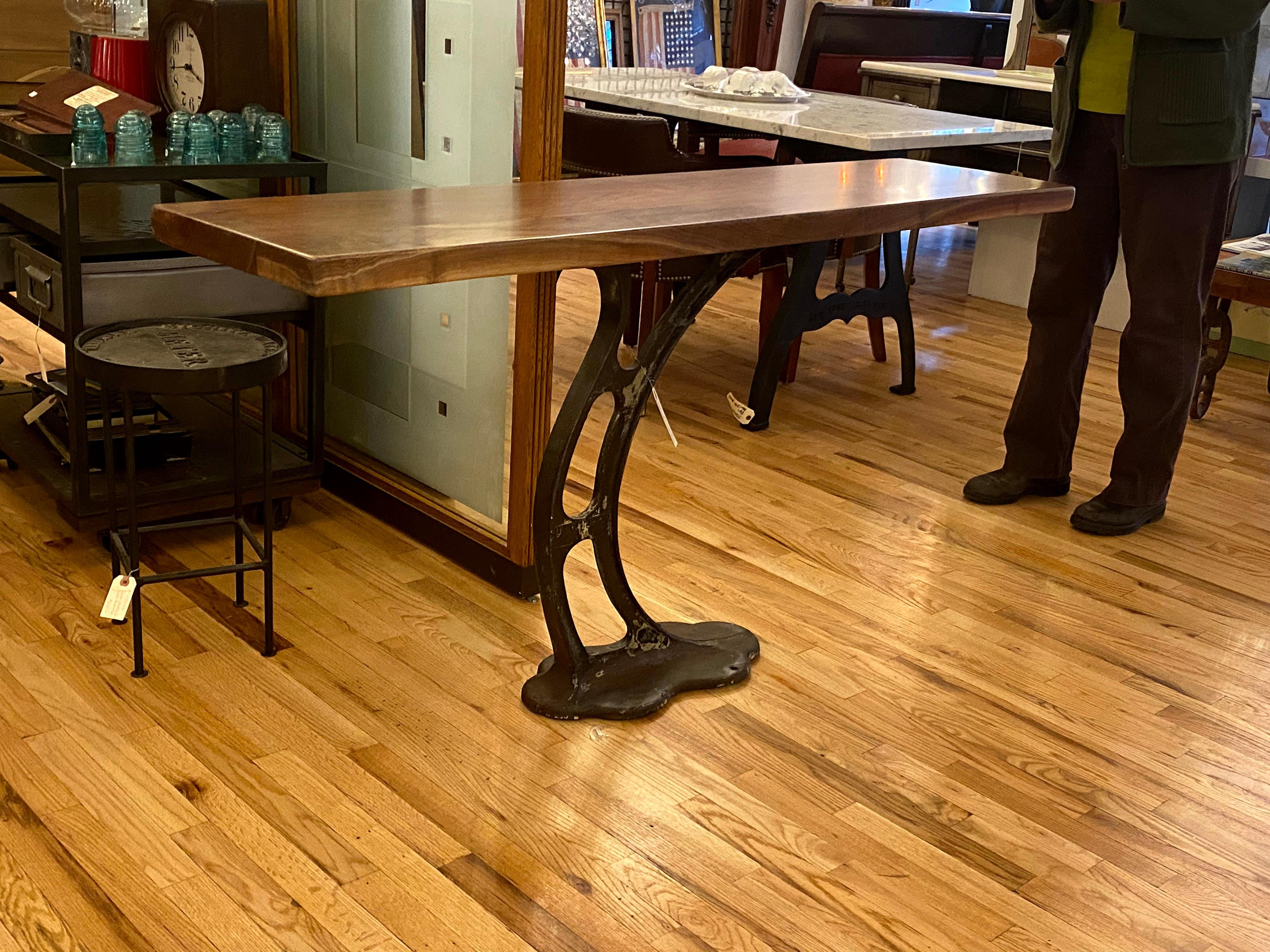 Solid Walnut Console Table with Industrial Base 1920s Cast Iron 6