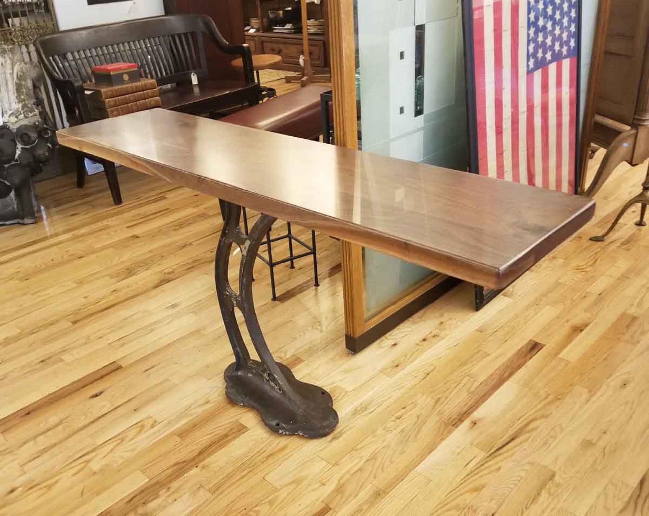 Solid Walnut Console Table with Industrial Base 1920s Cast Iron 2
