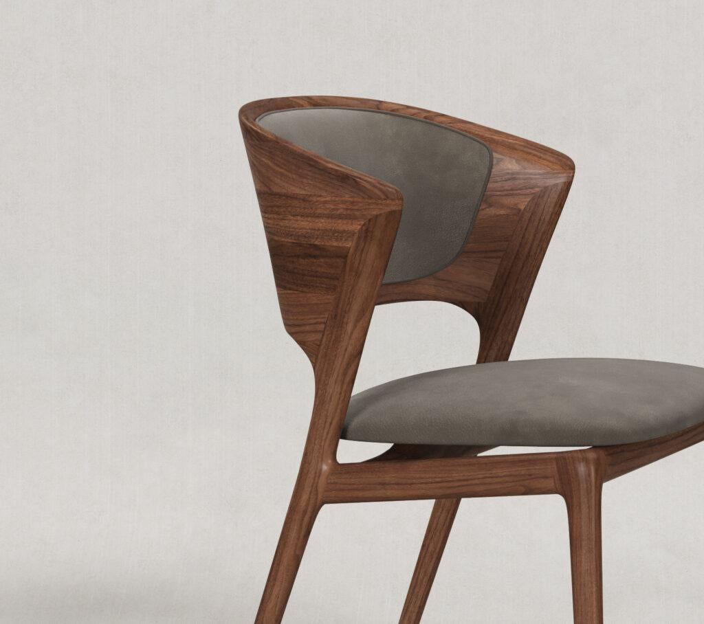 Modern Solid Walnut Dining Chair Made to Order in Grey Leather For Sale