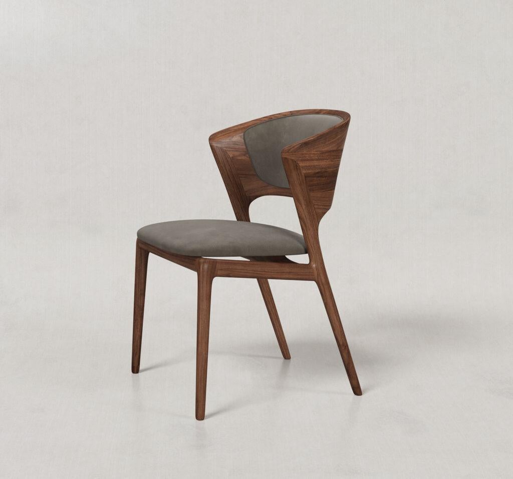 European Solid Walnut Dining Chair Made to Order in Grey Leather
