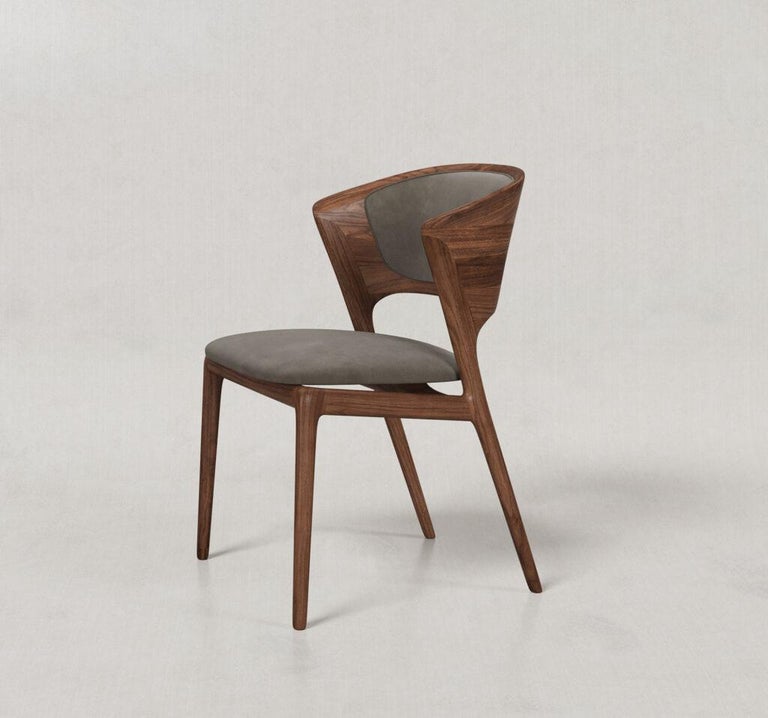 European Solid Walnut Dining Chair Made to Order in Grey Leather For Sale