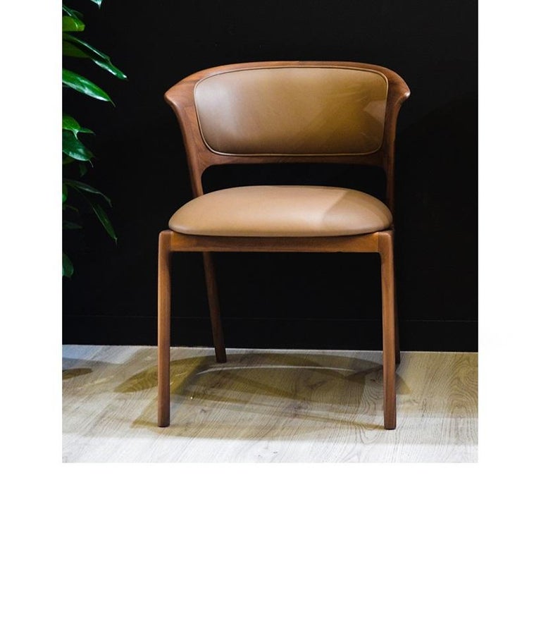 Hand-Crafted Solid Walnut Dining Chair Made to Order in Grey Leather For Sale