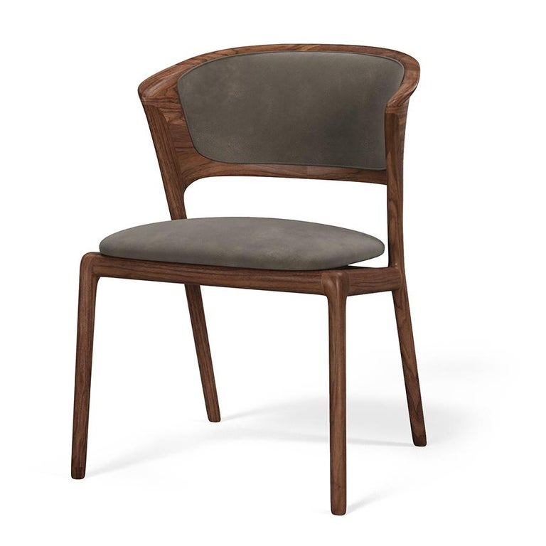 Solid Walnut Dining Chair Made to Order in Grey Leather For Sale 1