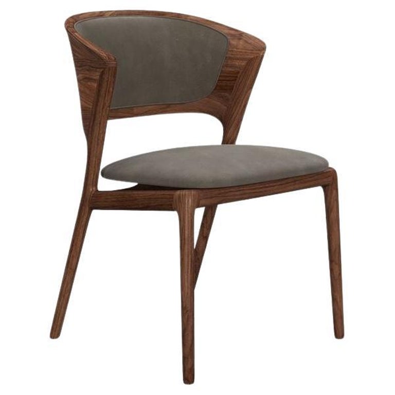Solid Walnut Dining Chair Made to Order in Grey Leather For Sale