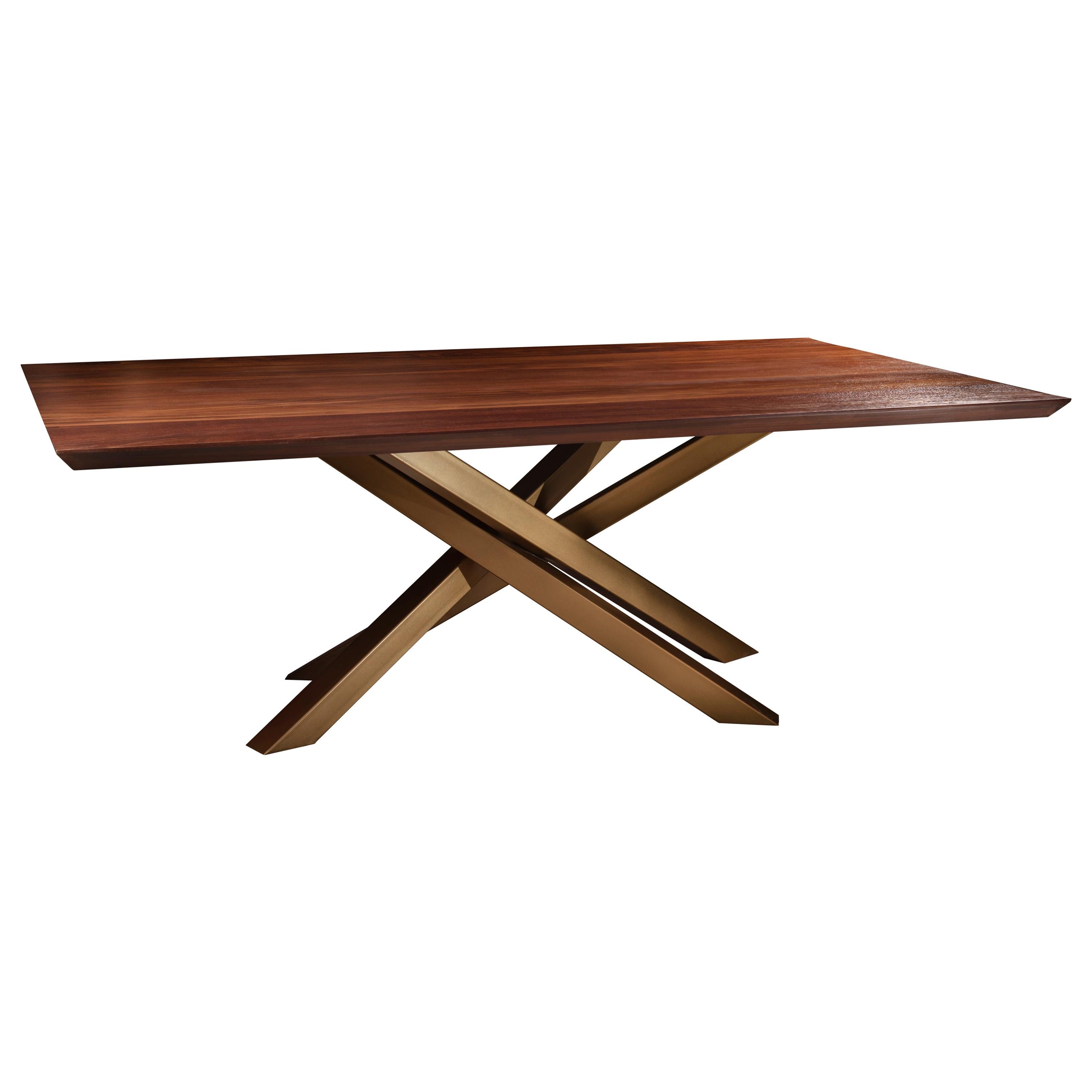 Solid Walnut Dining Table with Criss Cross Golden Metal Base For Sale