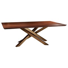 Solid Walnut Dining Table with Criss Cross Golden Metal Base