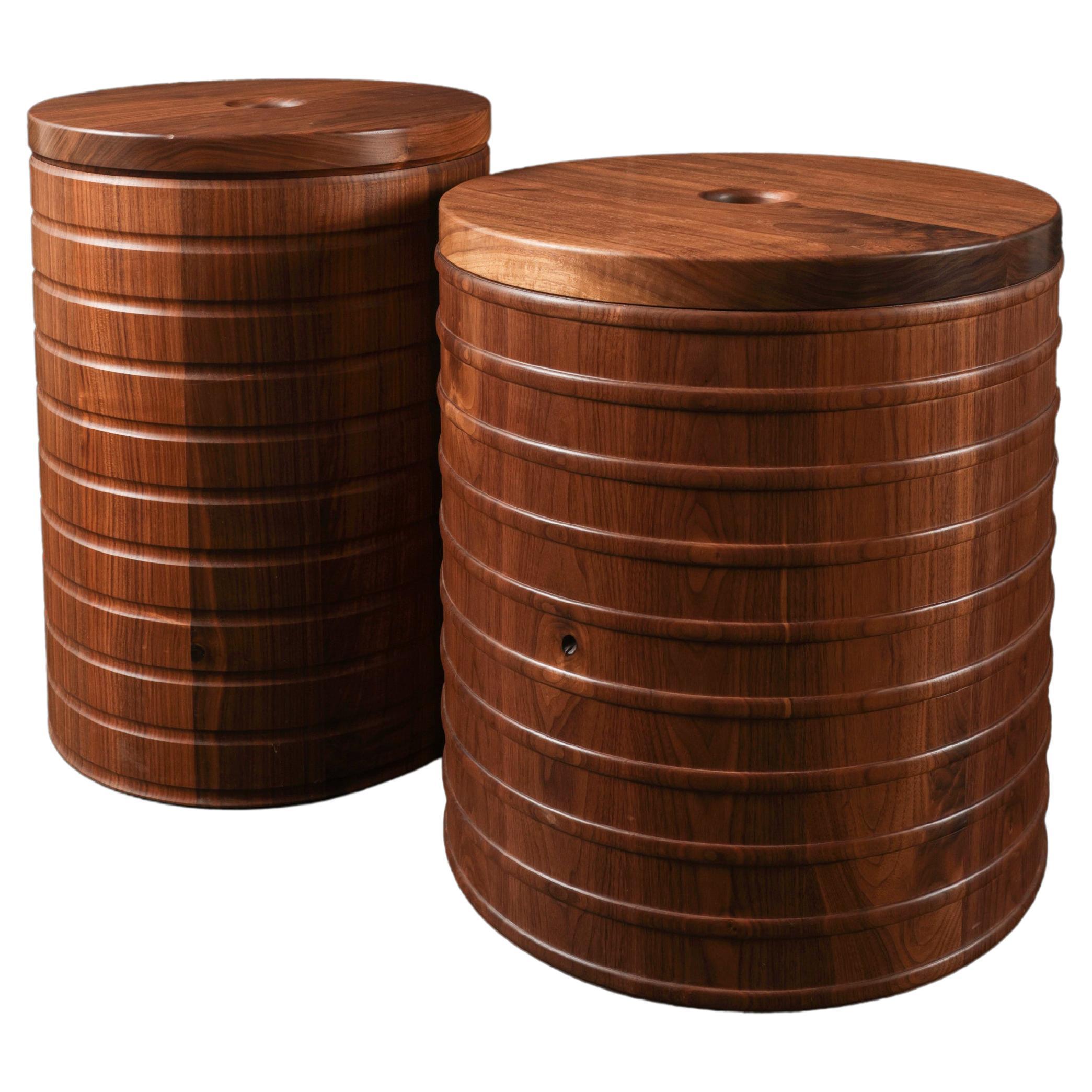 Solid Walnut End Tables Stools with Storage  For Sale