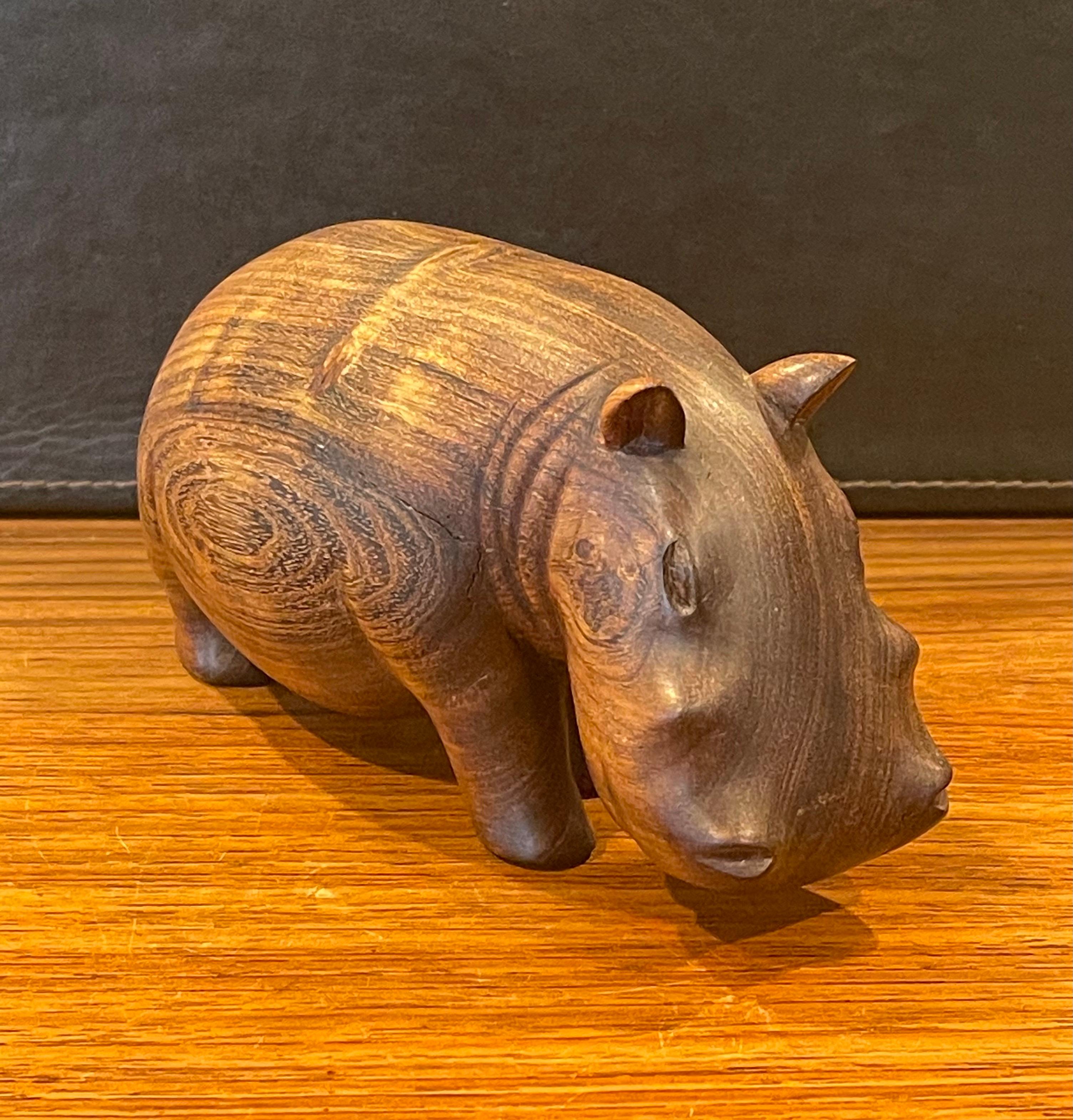 Mid-Century Modern Solid Walnut Hand Carved Figural Hippopotamus Sculpture