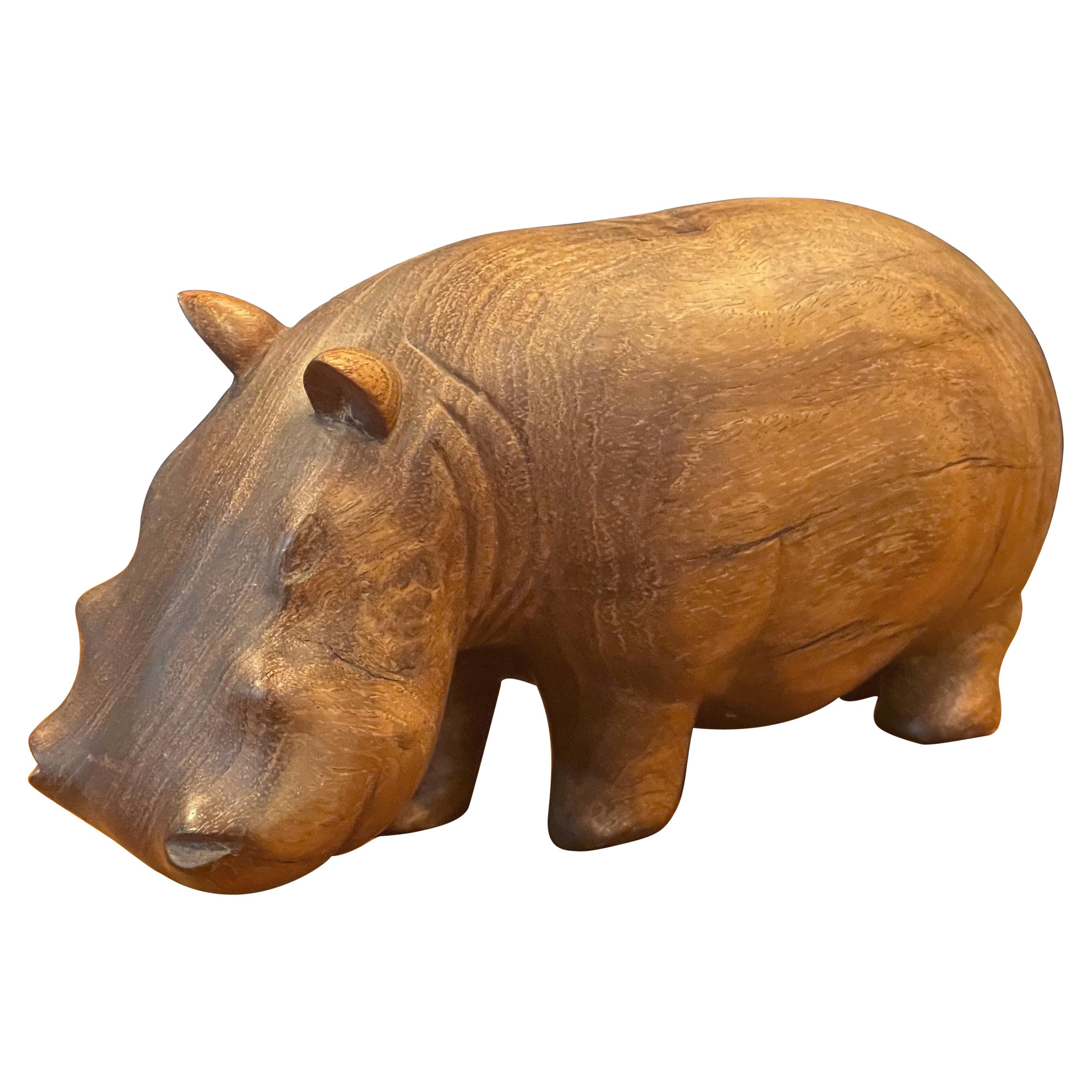 Solid Walnut Hand Carved Figural Hippopotamus Sculpture