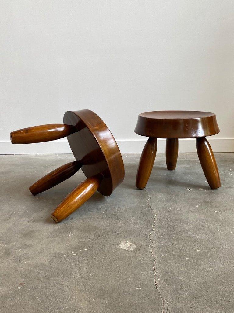 French Solid Walnut & Hand Carved Stools in the Manner of Jean Royere