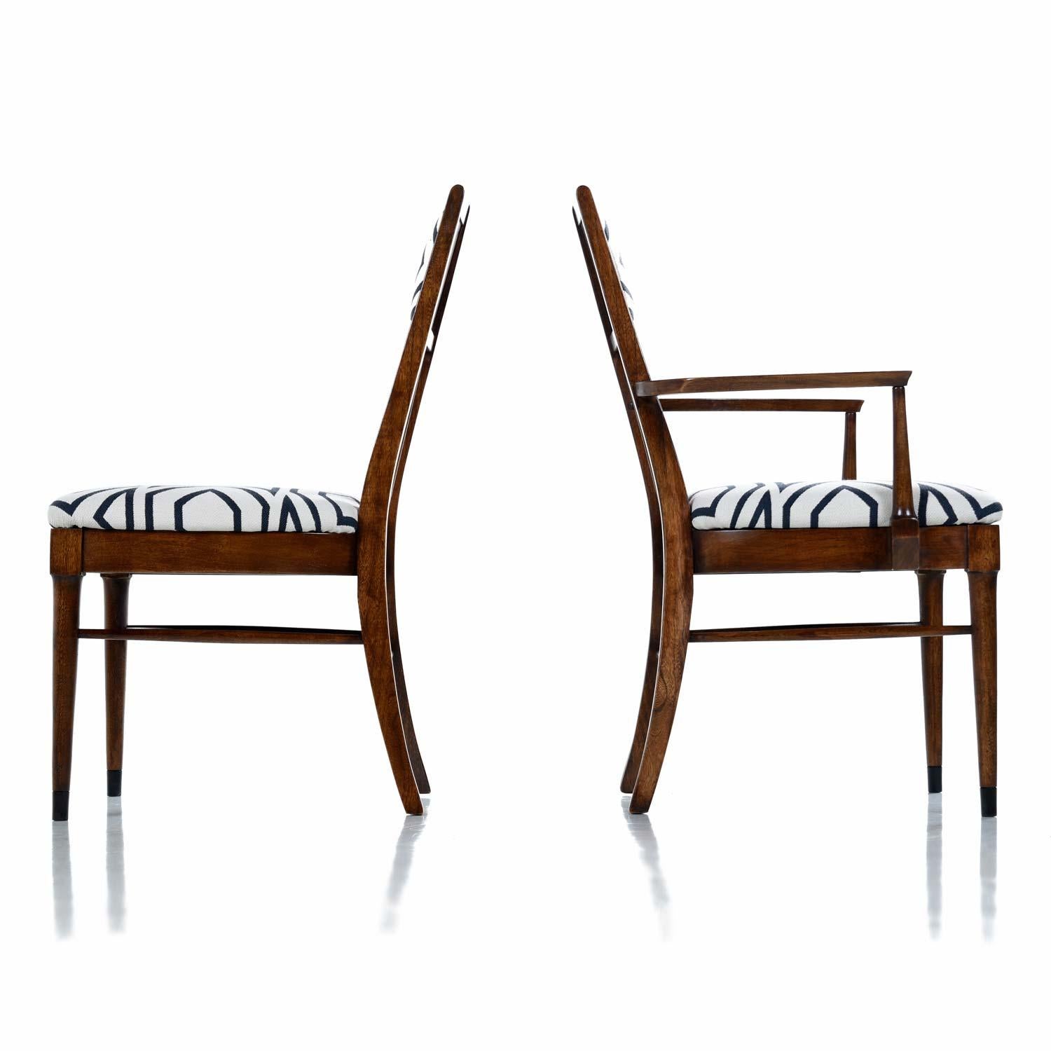 American Solid Walnut Mid-Century Modern Chairs in Navy and Ivory Fabric